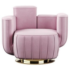 Modern Pink Velvet Armchair Cactus Shape with Gold Swivel Base Polished Brass