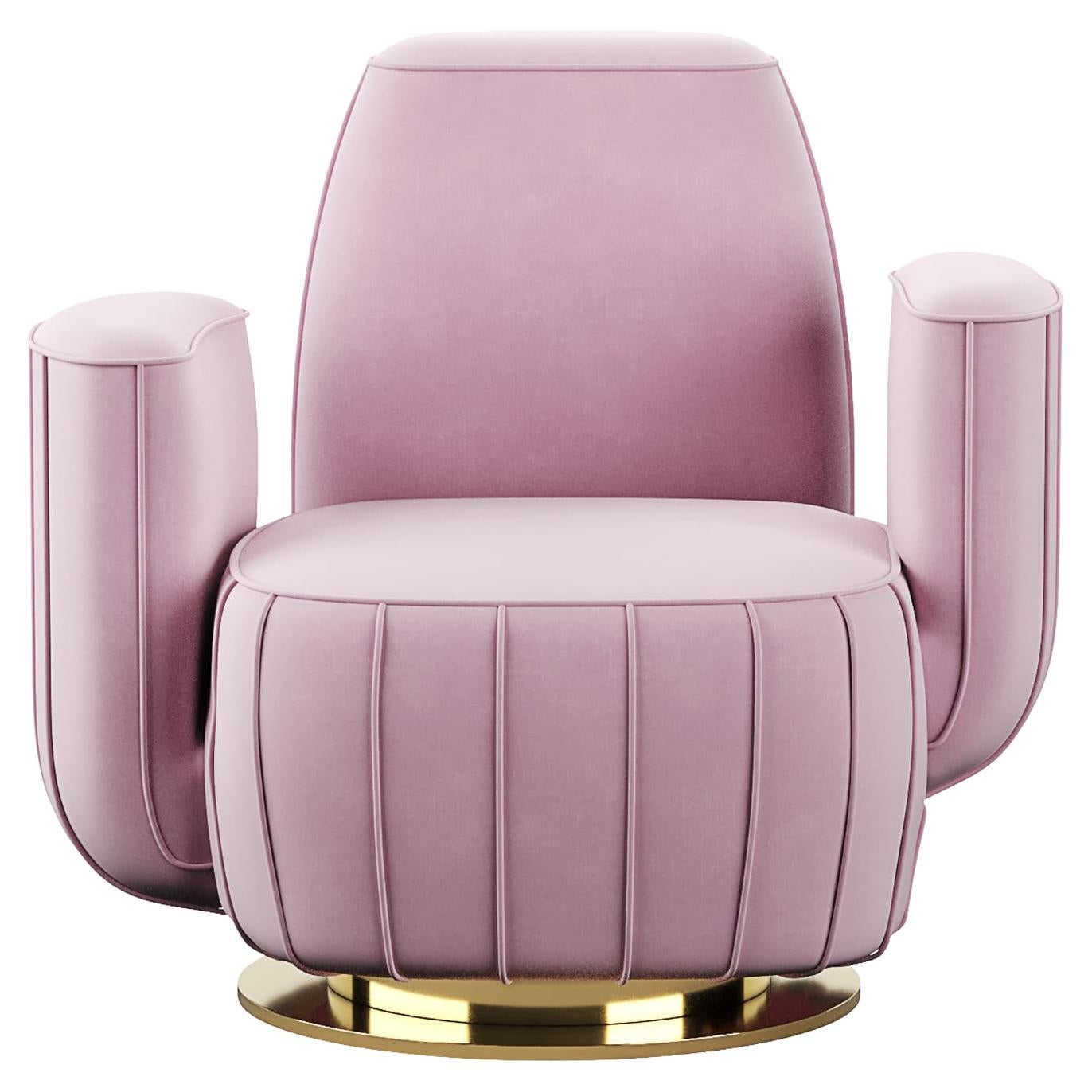 Modern Pink Velvet Armchair Cactus Shape with Gold Swivel Base Polished Brass