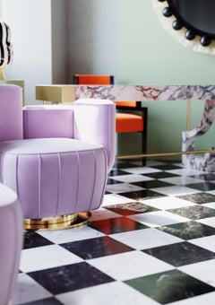 Modern Pink Velvet Sofa Cactus Shape with Gold Swivel Base Polished Brass