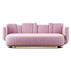 Modern Pink Velvet Sofa Cactus Shape with Gold Swivel Base Polished Brass