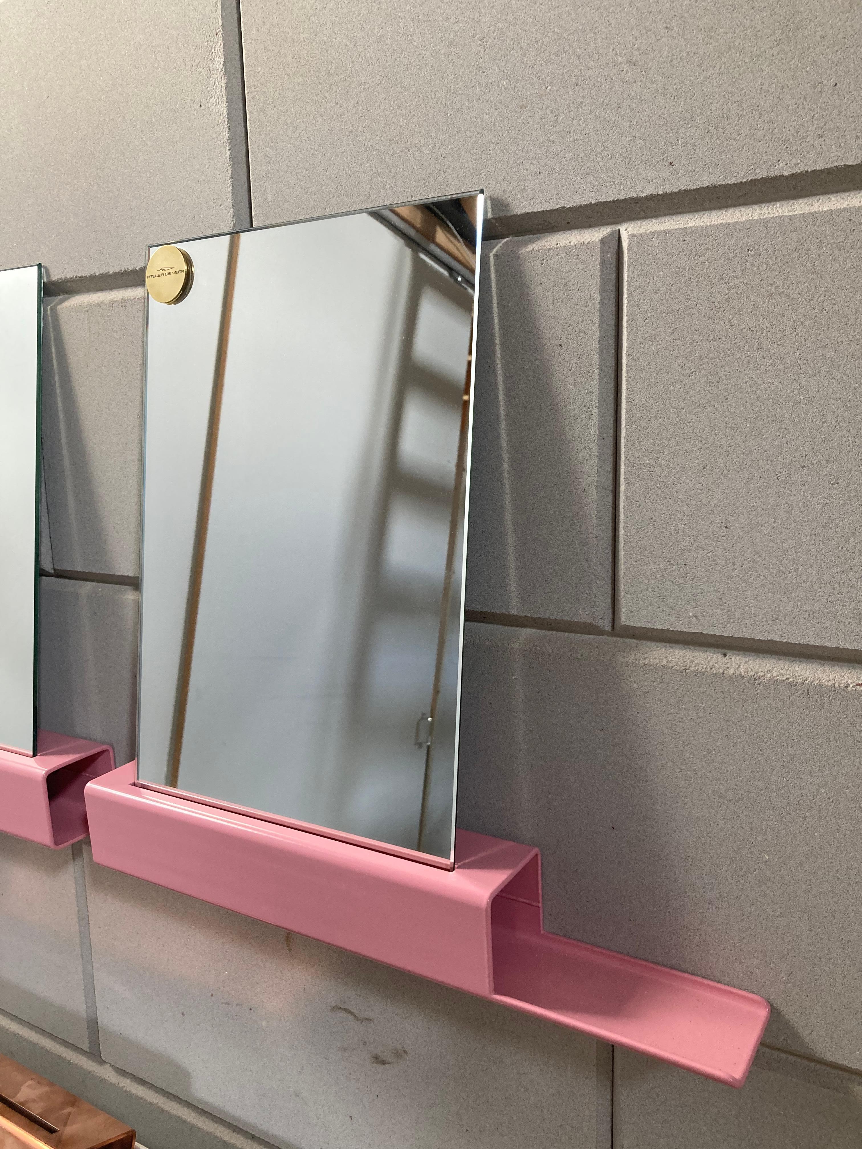 Steel Industrial Pink Wall Mirror, Mirror One Collection Medium Plateau Right For Sale