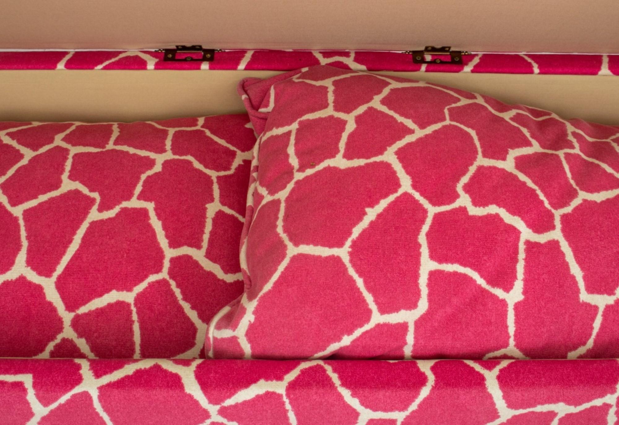 The dimensions for the modern contemporary ottoman bench upholstered in a pink and white giraffe print on canvas are as follows:

Height: 19.5