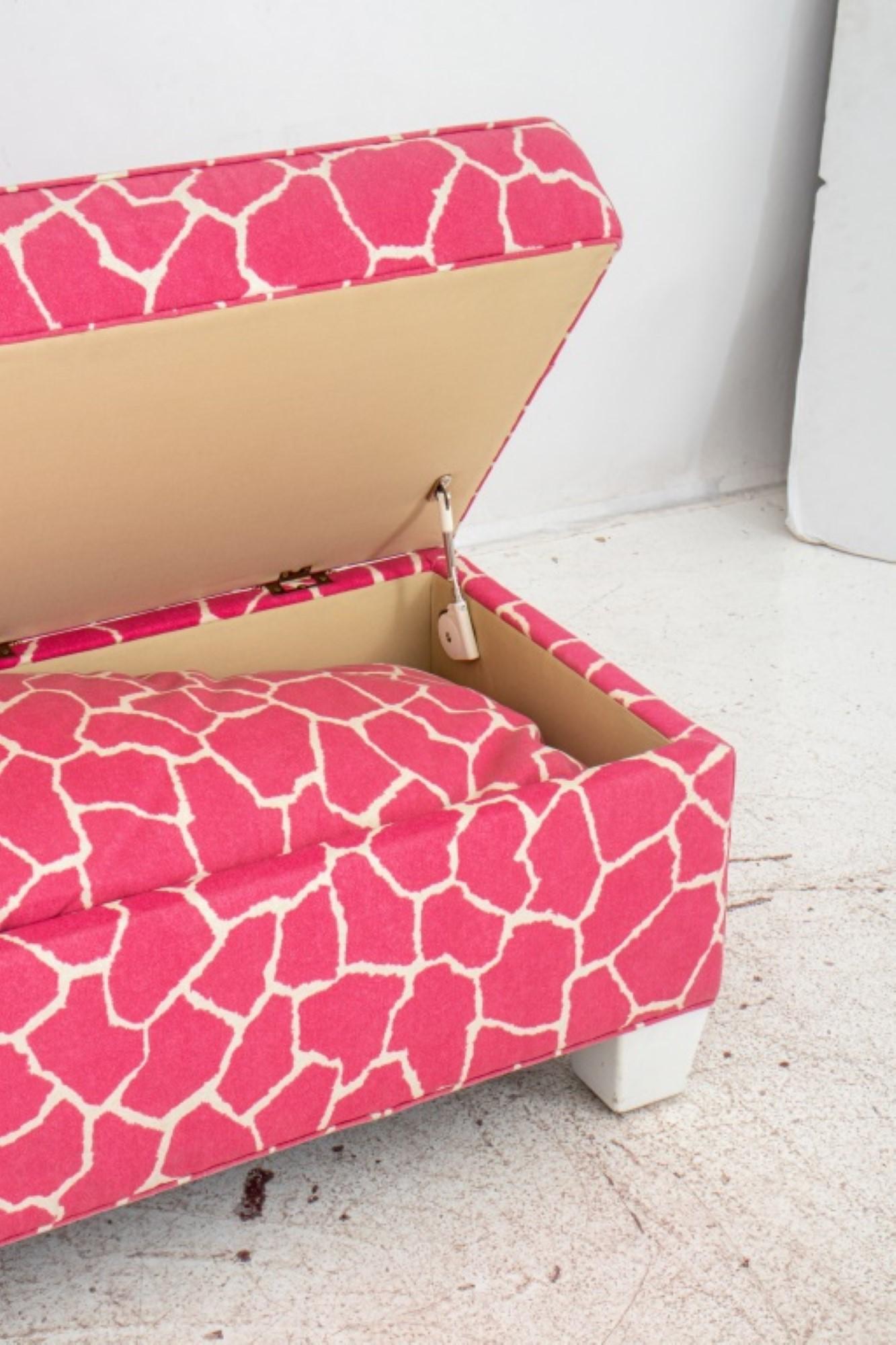 Upholstery Modern Pink & White Giraffe Print Storage Bench For Sale