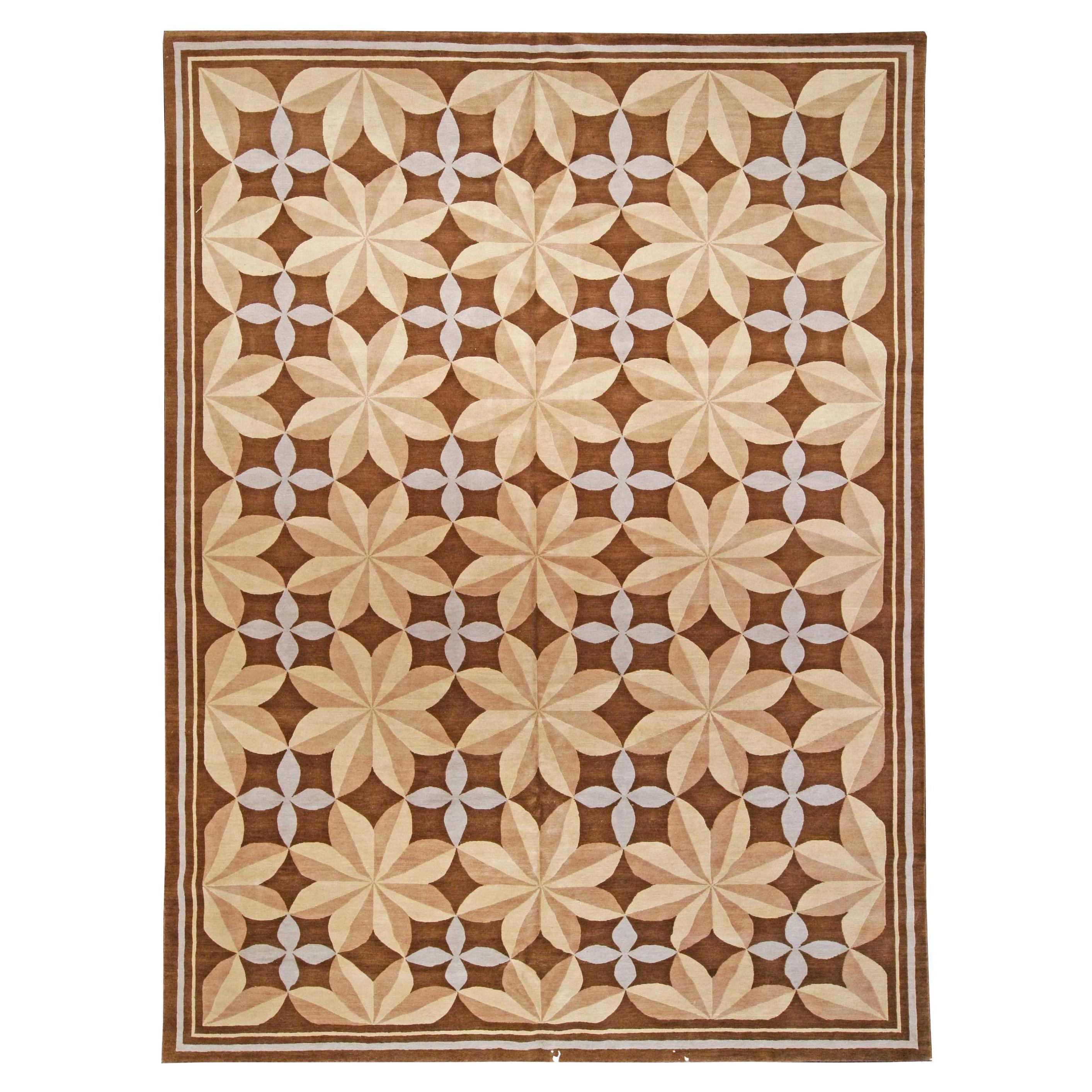 Modern Pinwheel Design Brown Beige Handmade Wool Rug by Doris Leslie Blau For Sale