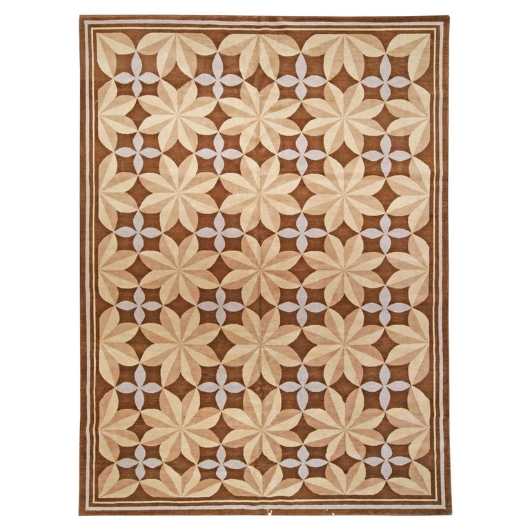 Modern Pinwheel Design Brown Beige Handmade Wool Rug by Doris Leslie ...