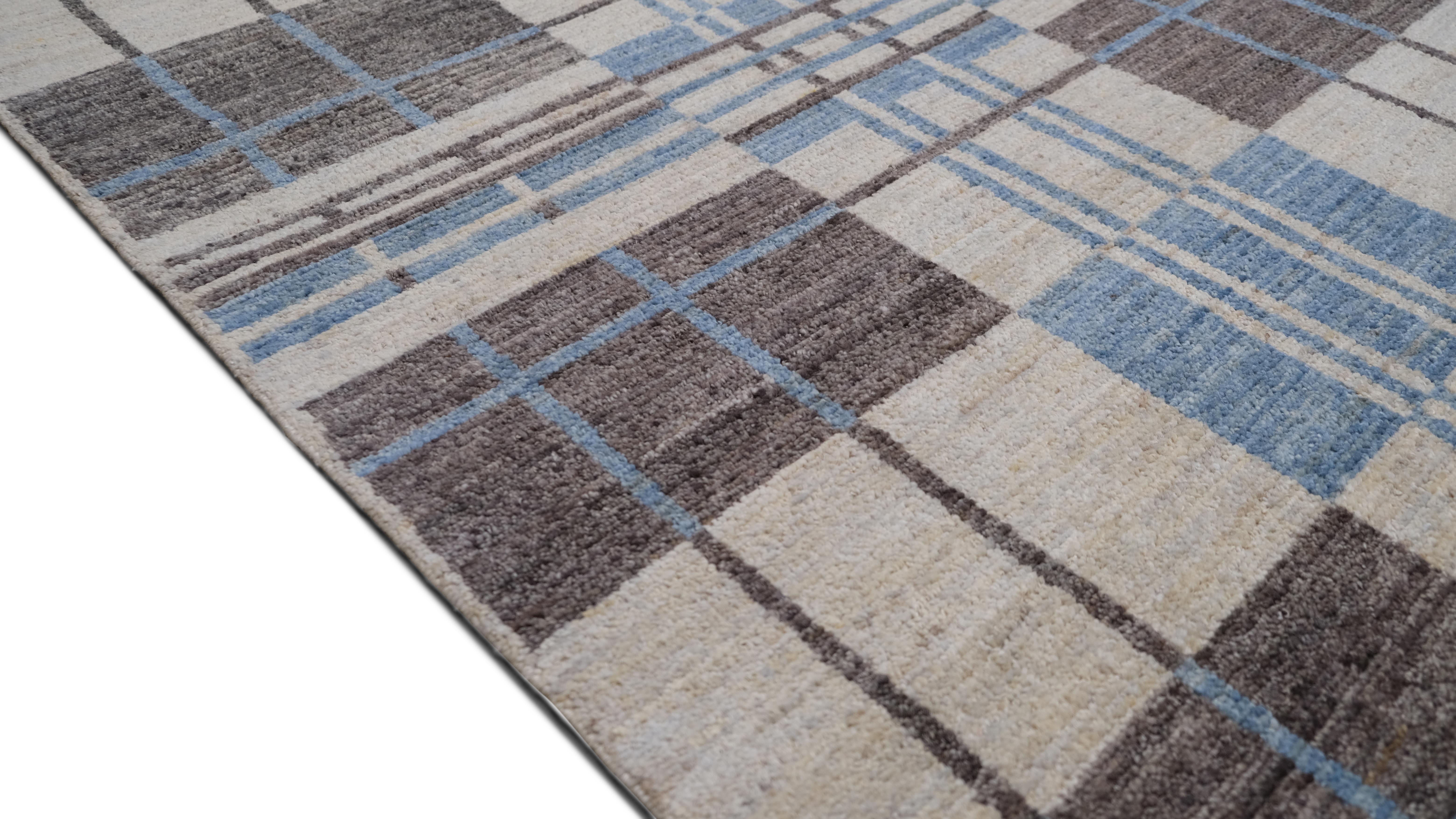 Alfombra moderna de lana cubista geométrica azul y beige 8'10''x11'11'' Pakistaní en venta