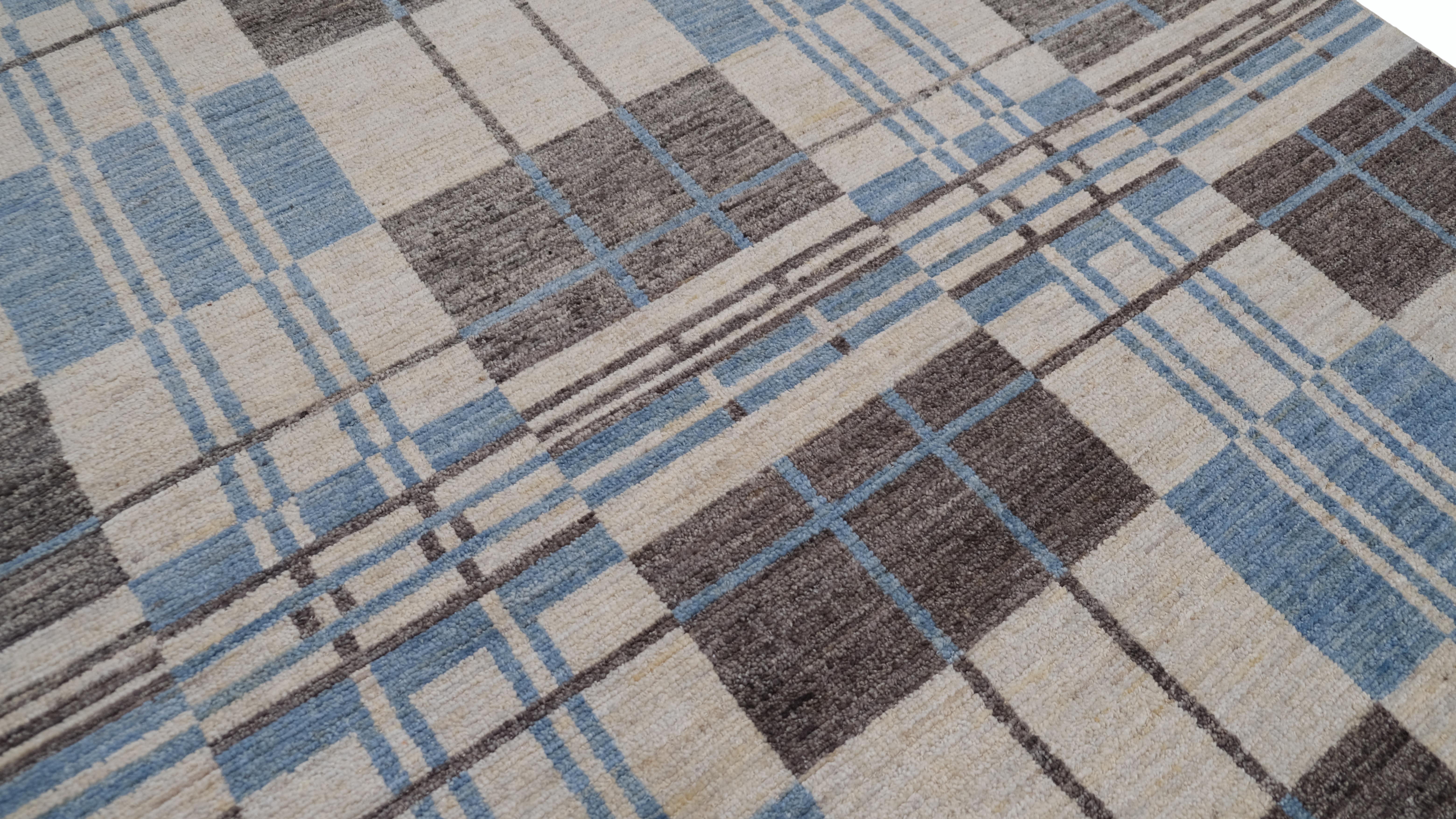 Alfombra moderna de lana cubista geométrica azul y beige 8'10''x11'11'' Anudado a mano en venta
