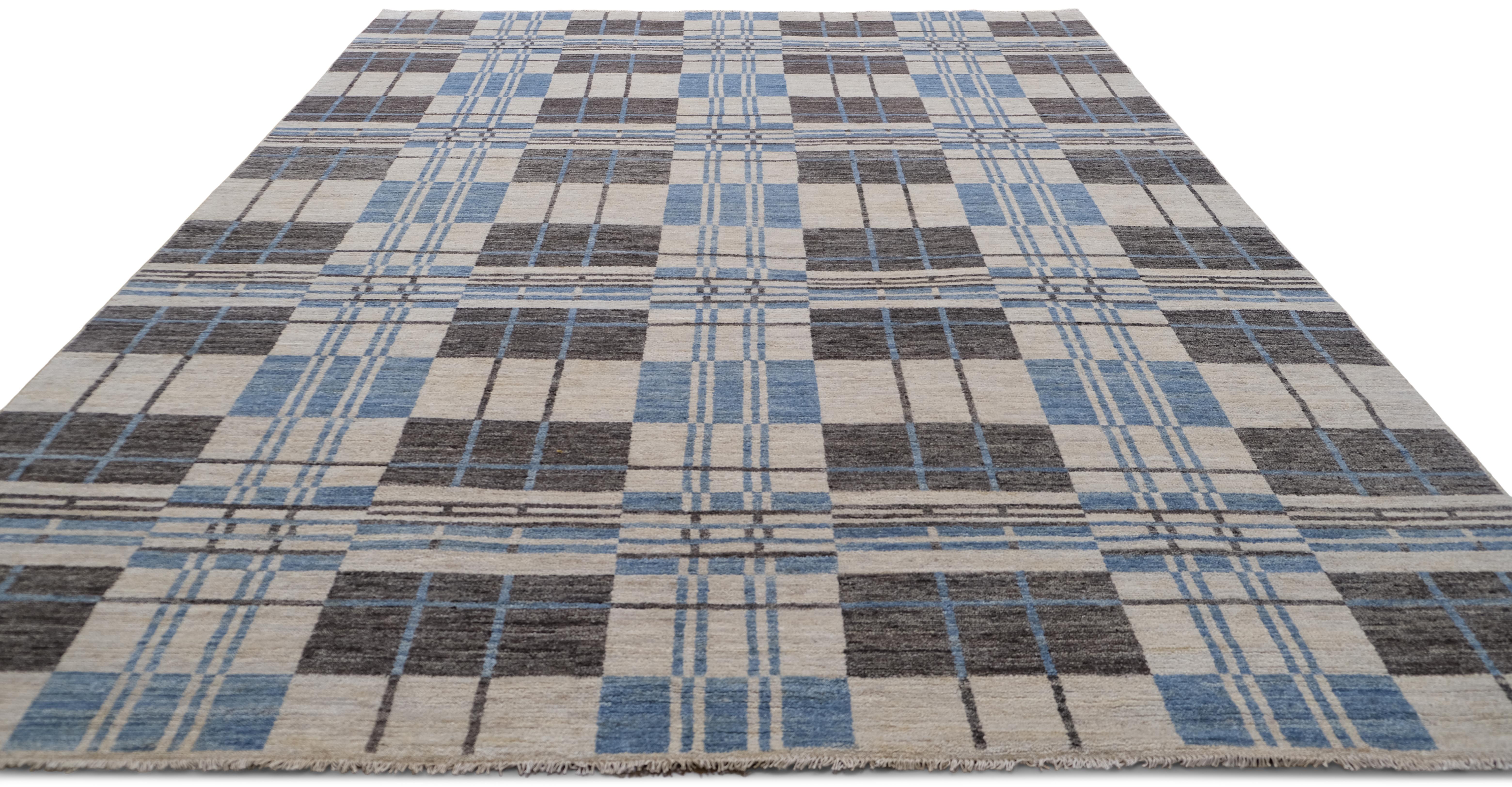 Alfombra moderna de lana cubista geométrica azul y beige 8'10''x11'11'' en Nuevo estado para la venta en Torrance, CA