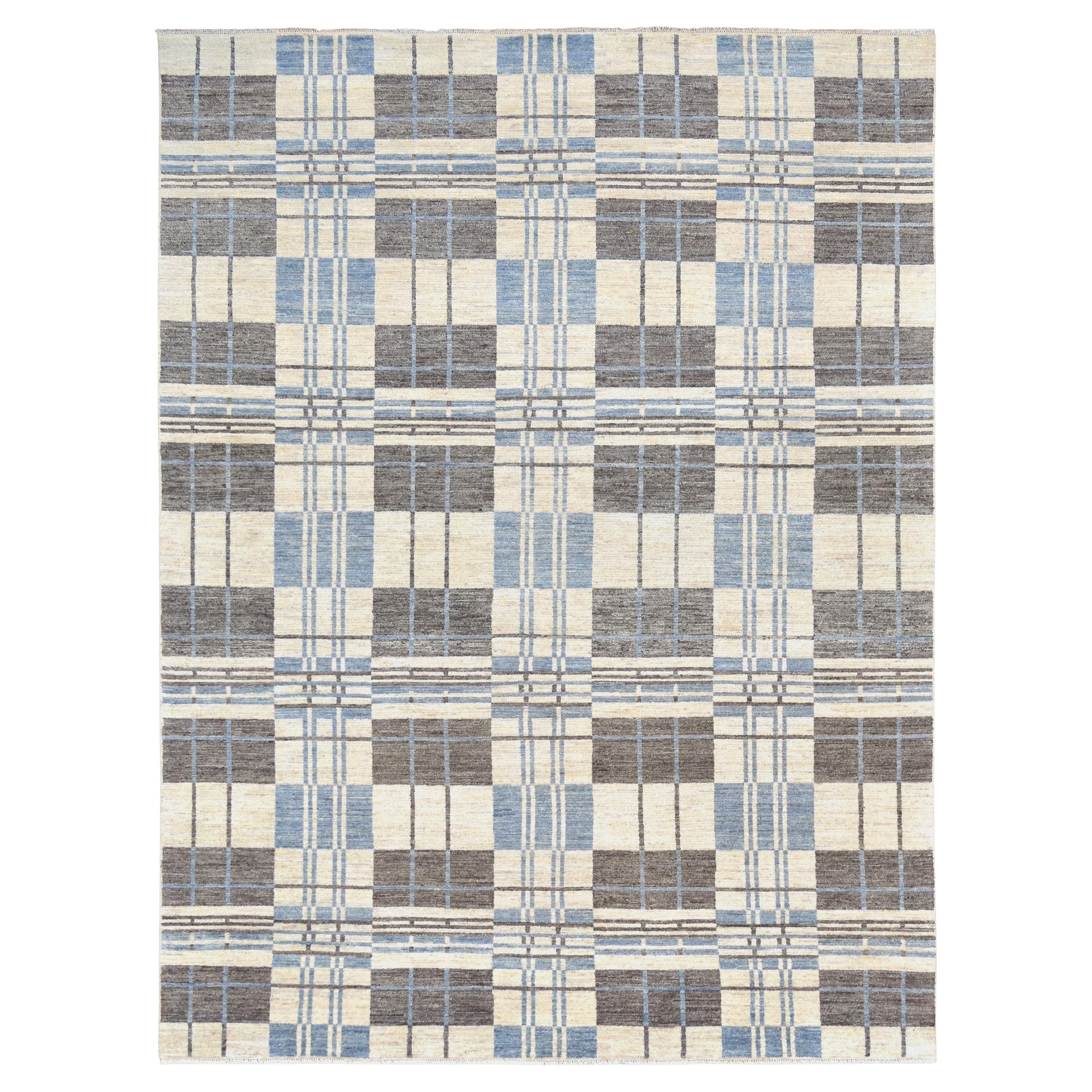 Alfombra moderna de lana cubista geométrica azul y beige 8'10''x11'11'' en venta