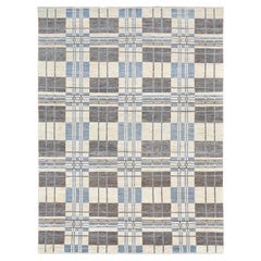 Alfombra moderna de lana cubista geométrica azul y beige 8'10''x11'11''