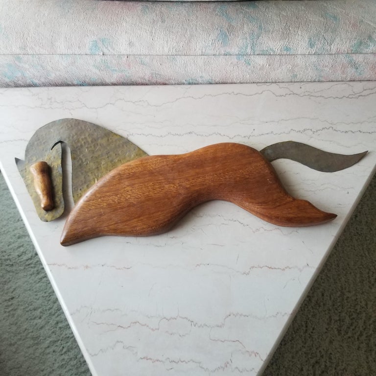 Modernist abstract horse sculpture hanging wall art in wood and metal 1960s Danish modern
Appears to be stamped on reverse but unclear. 
Measures: 21 L x 8 W x .5 inches D
Original unrestored vintage condition and presentation.
See images