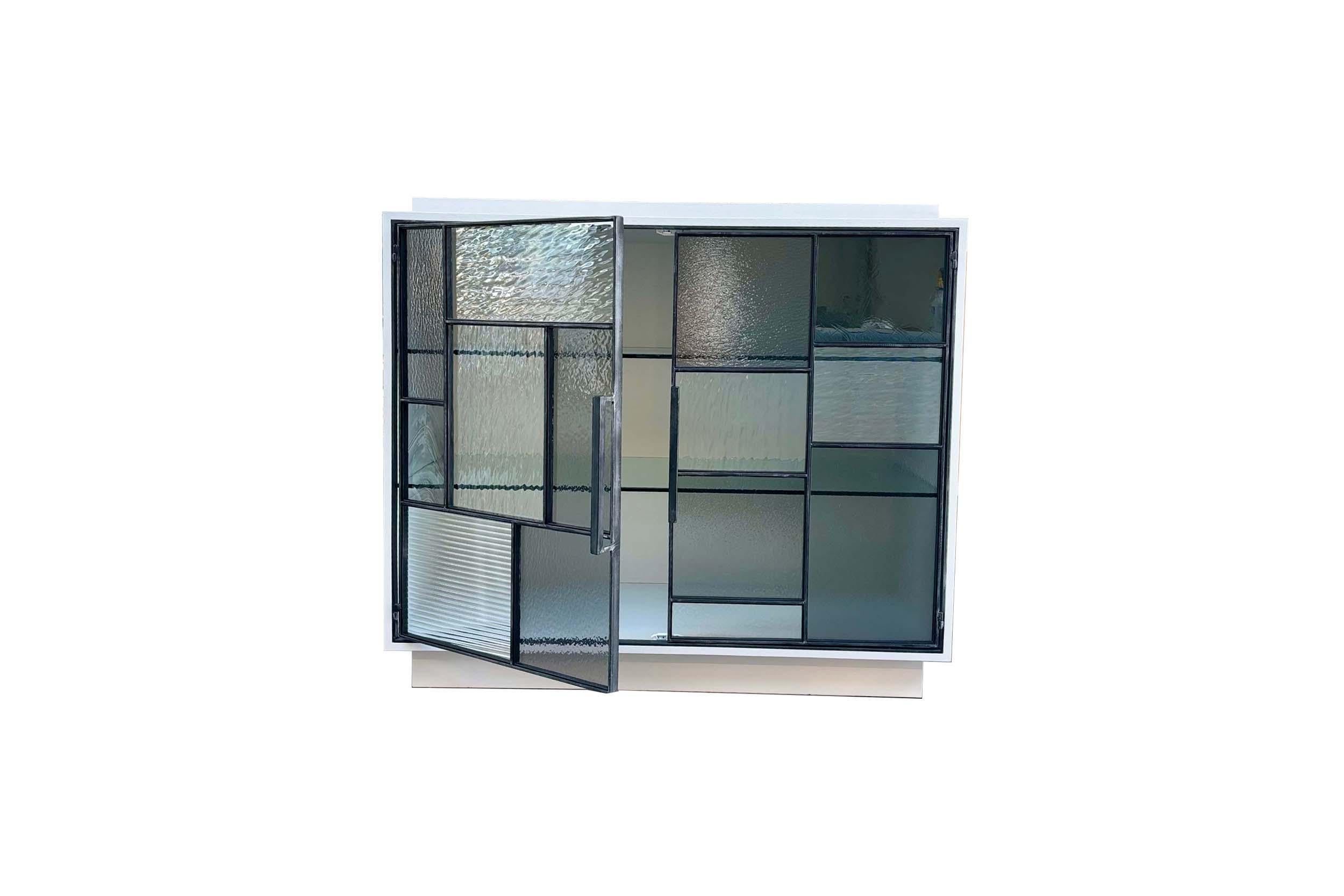 American Modern Platform Dry Bar Cabinet With Metal Doors and Glass For Sale