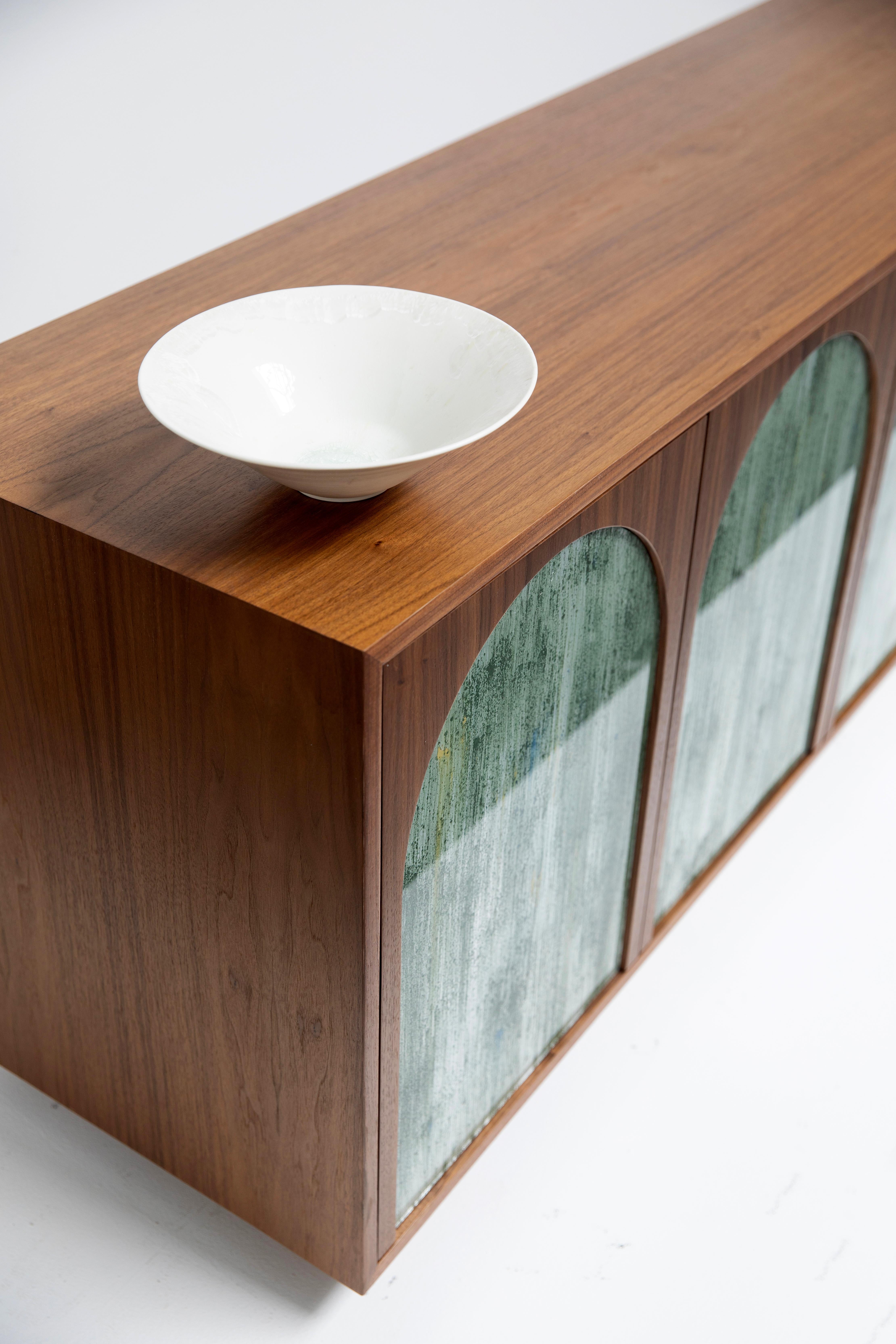 Modern Platform Media Cabinet, Walnut Moss Glass  by Ercole Home In New Condition For Sale In Brooklyn, NY