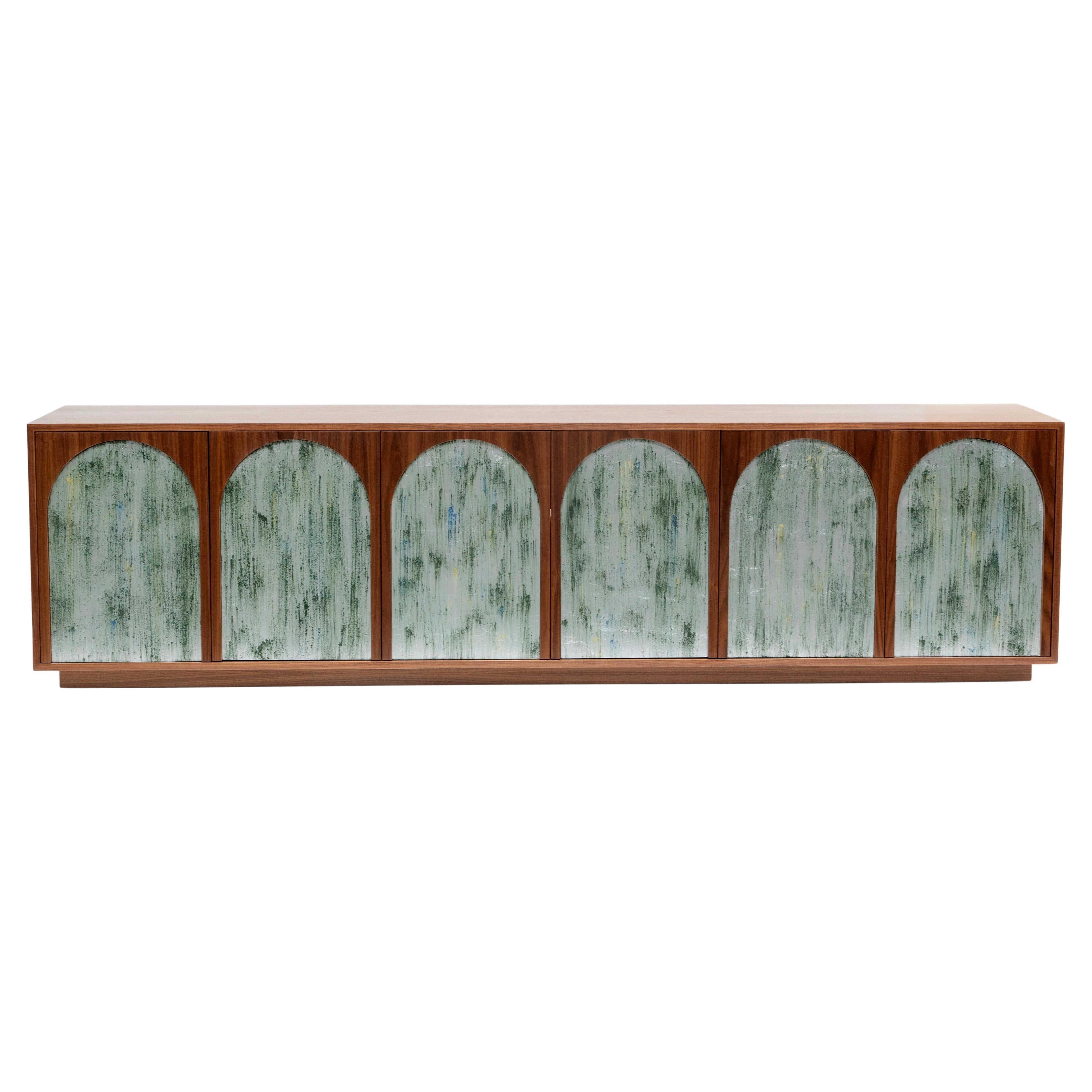 Modern Platform Media Cabinet, Walnut Moss Glass  by Ercole Home