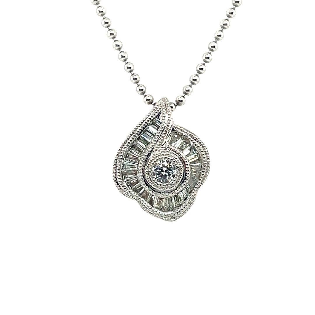 Round Cut Modern Platinum 0.75 Carat Natural Round & Baguette Diamond Pendant Necklace For Sale