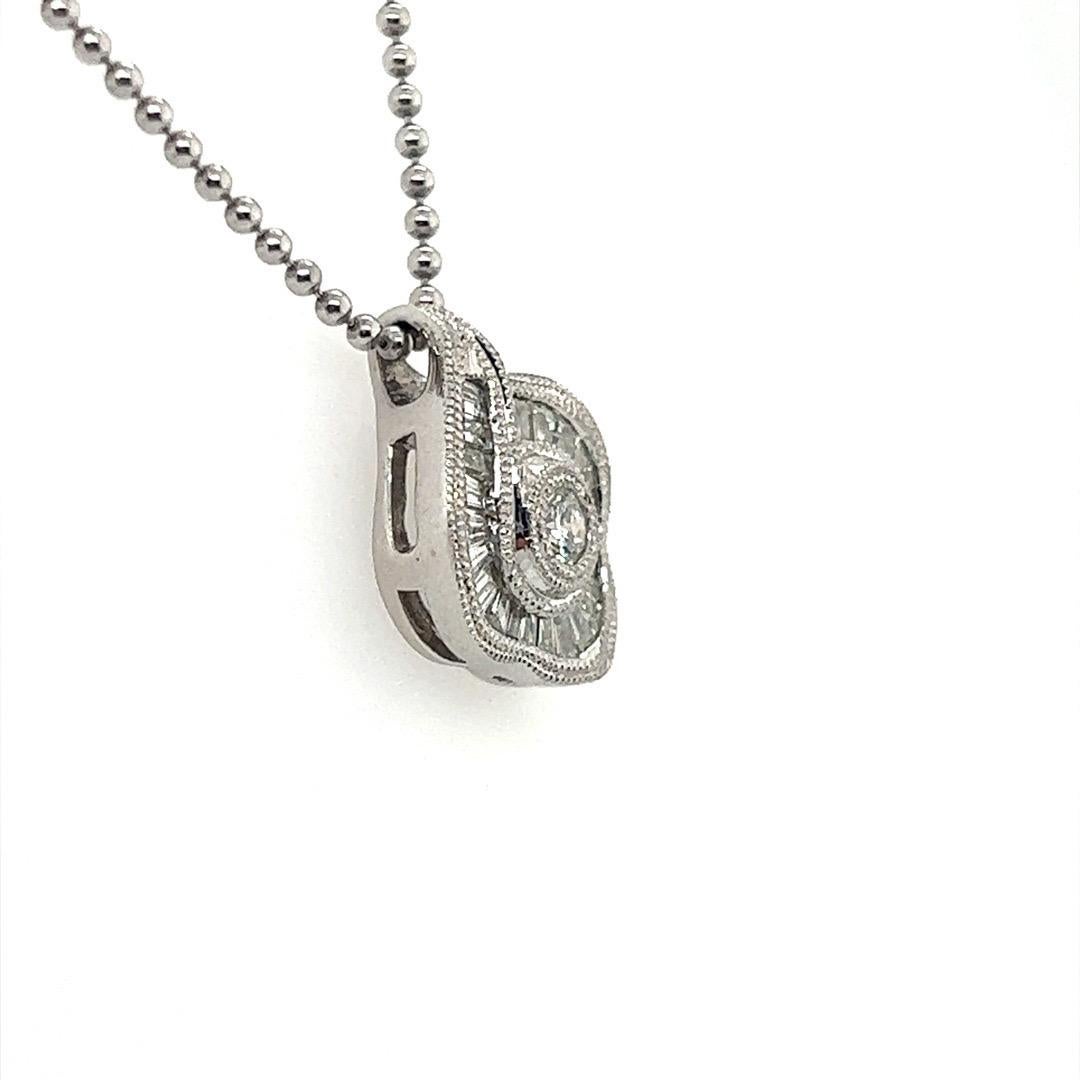 Women's Modern Platinum 0.75 Carat Natural Round & Baguette Diamond Pendant Necklace For Sale
