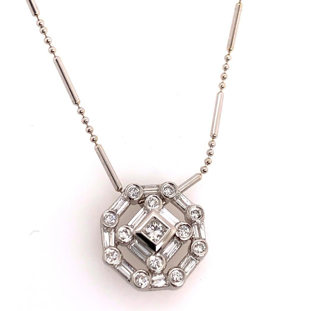 A stunning modern platinum pendant set with 25 Natural F color VS clarity diamonds weighing approximately 1.50 carats. 

The 16