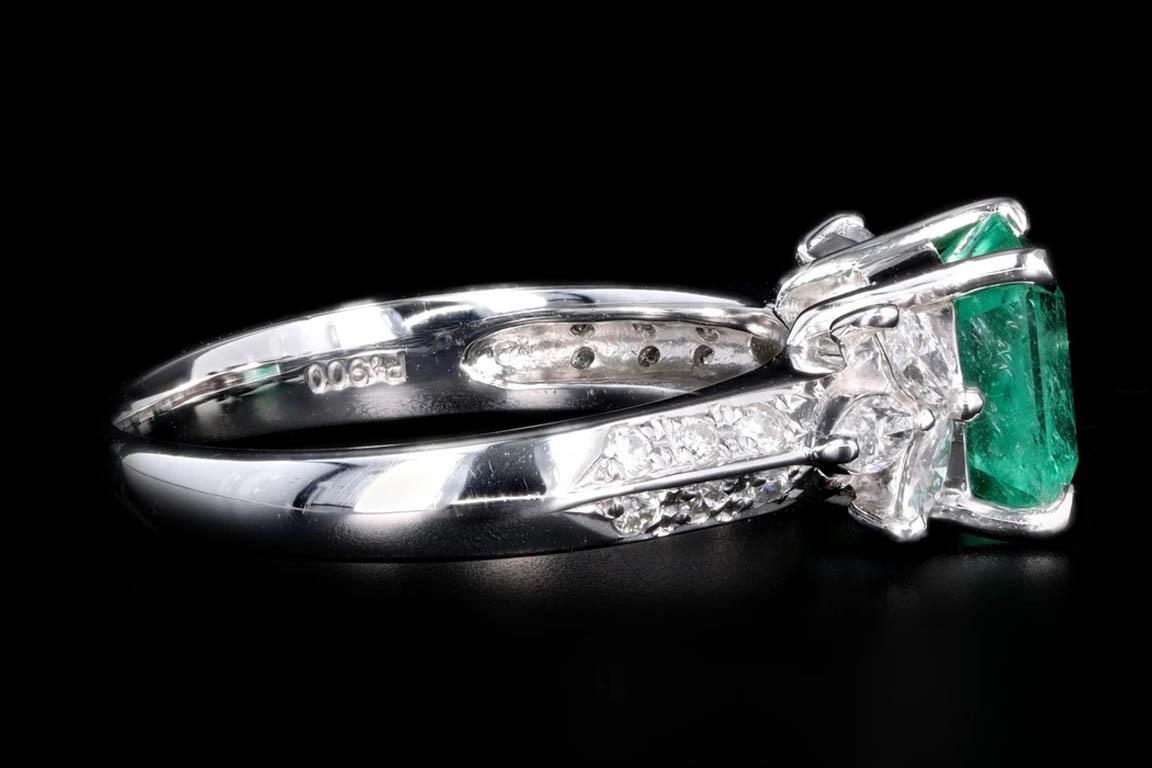 Emerald Cut Modern Platinum 1.71 Carat Natural Emerald & Diamond Ring