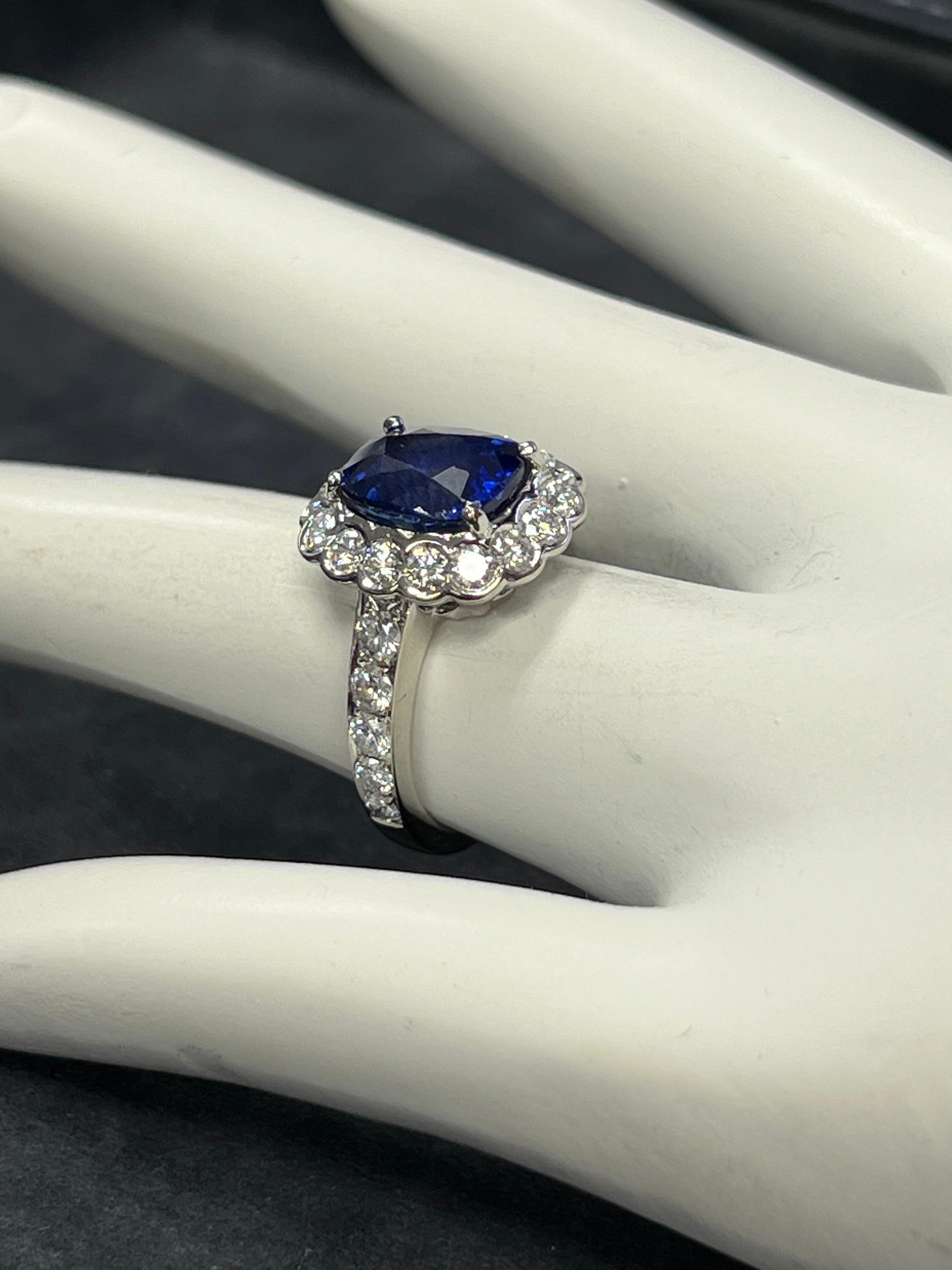 Cushion Cut Modern Platinum 4.29 Carat Natural Royal Blue Sapphire & Diamond Engagement Ring For Sale