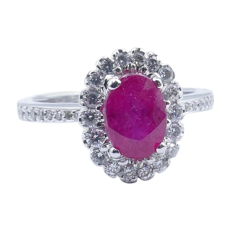 Modern Platinum Deep Red Ruby and Diamond Cluster Ring For Sale