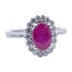 Modern Platinum Deep Red Ruby and Diamond Cluster Ring