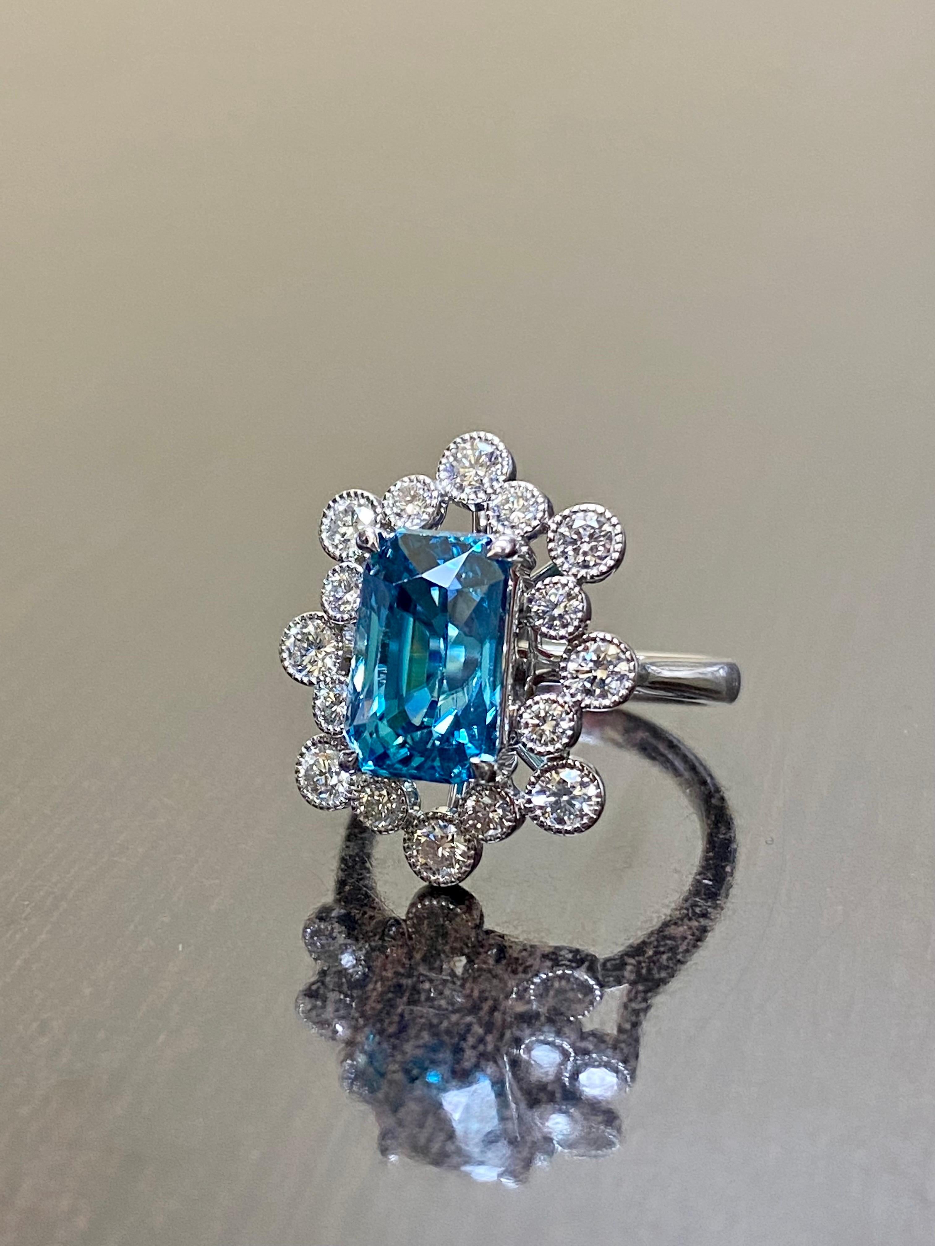 Modern Platinum Diamond Radiant Cut 6.53 Carat Blue Zircon Engagement Ring For Sale 5