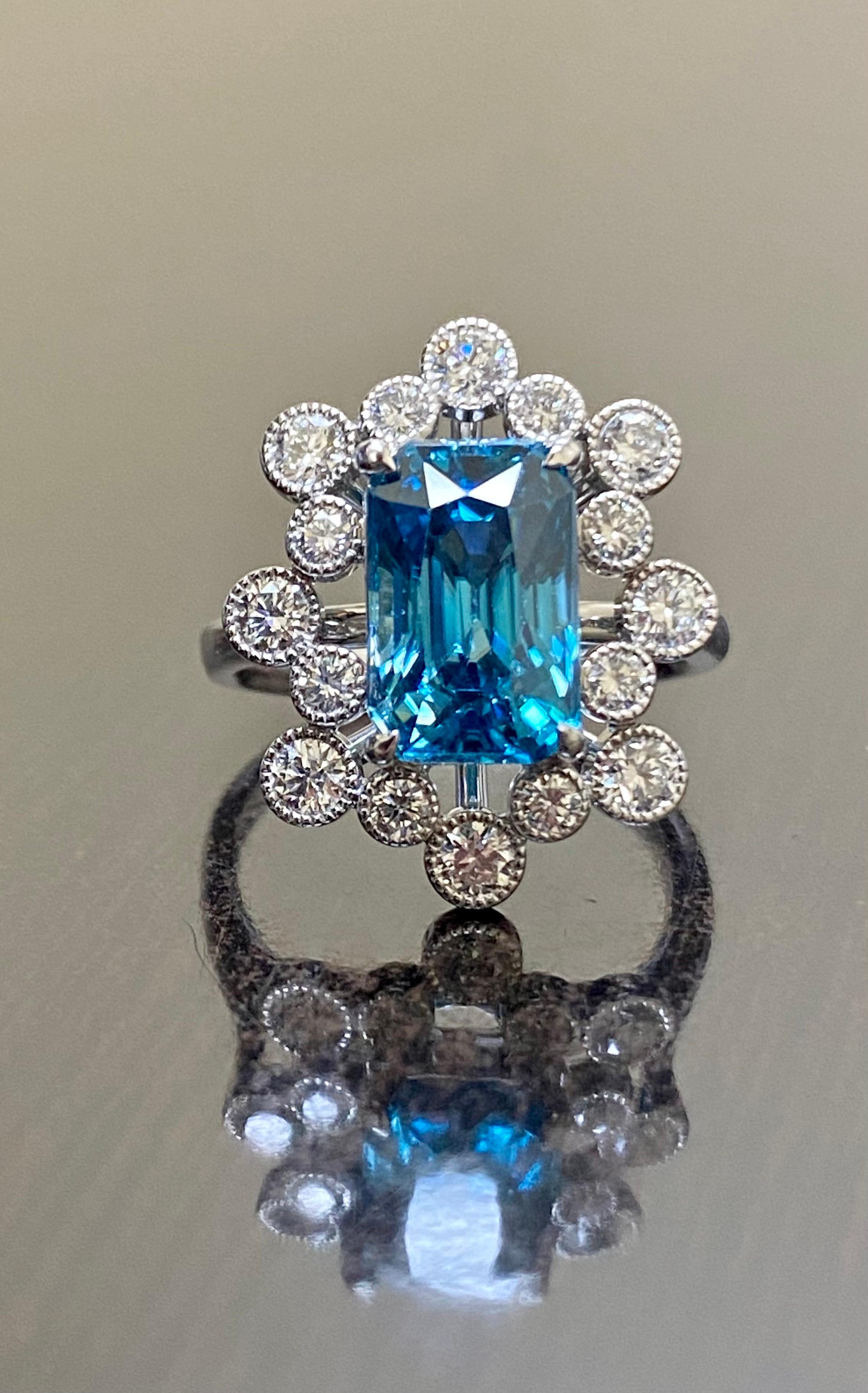 Modern Platinum Diamond Radiant Cut 6.53 Carat Blue Zircon Engagement Ring For Sale 6