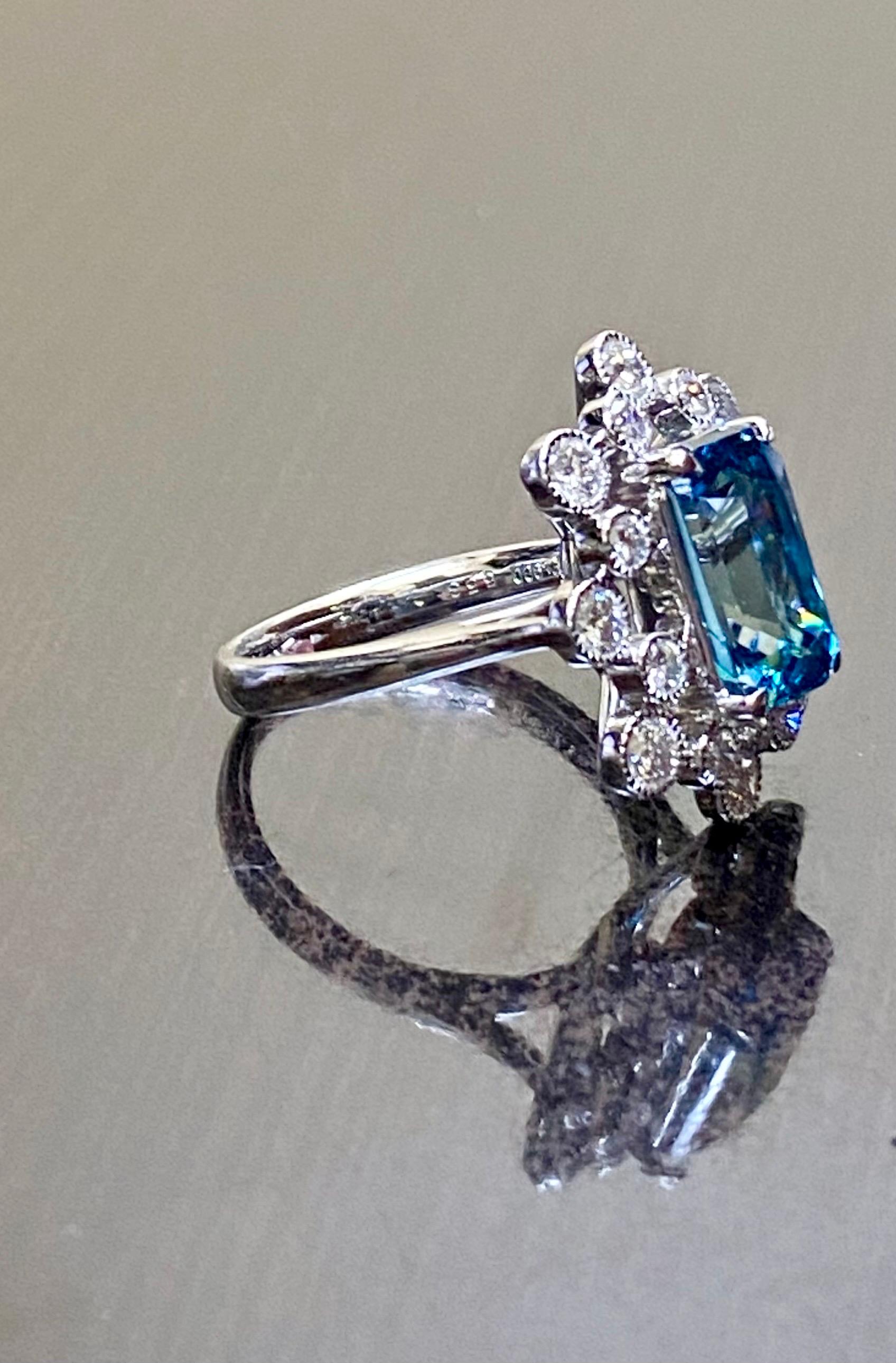 Contemporary Modern Platinum Diamond Radiant Cut 6.53 Carat Blue Zircon Engagement Ring For Sale
