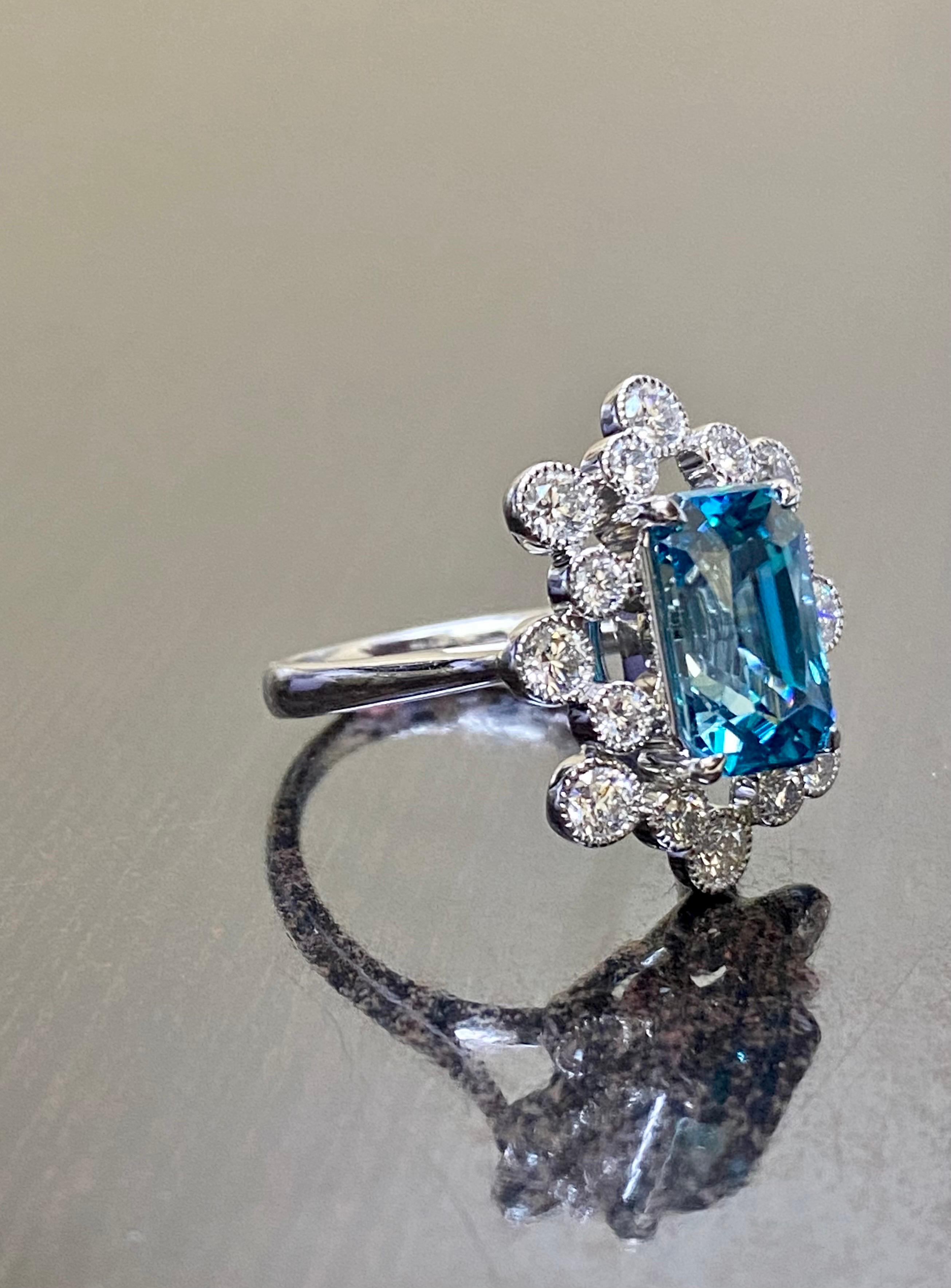 Modern Platinum Diamond Radiant Cut 6.53 Carat Blue Zircon Engagement Ring In New Condition For Sale In Los Angeles, CA