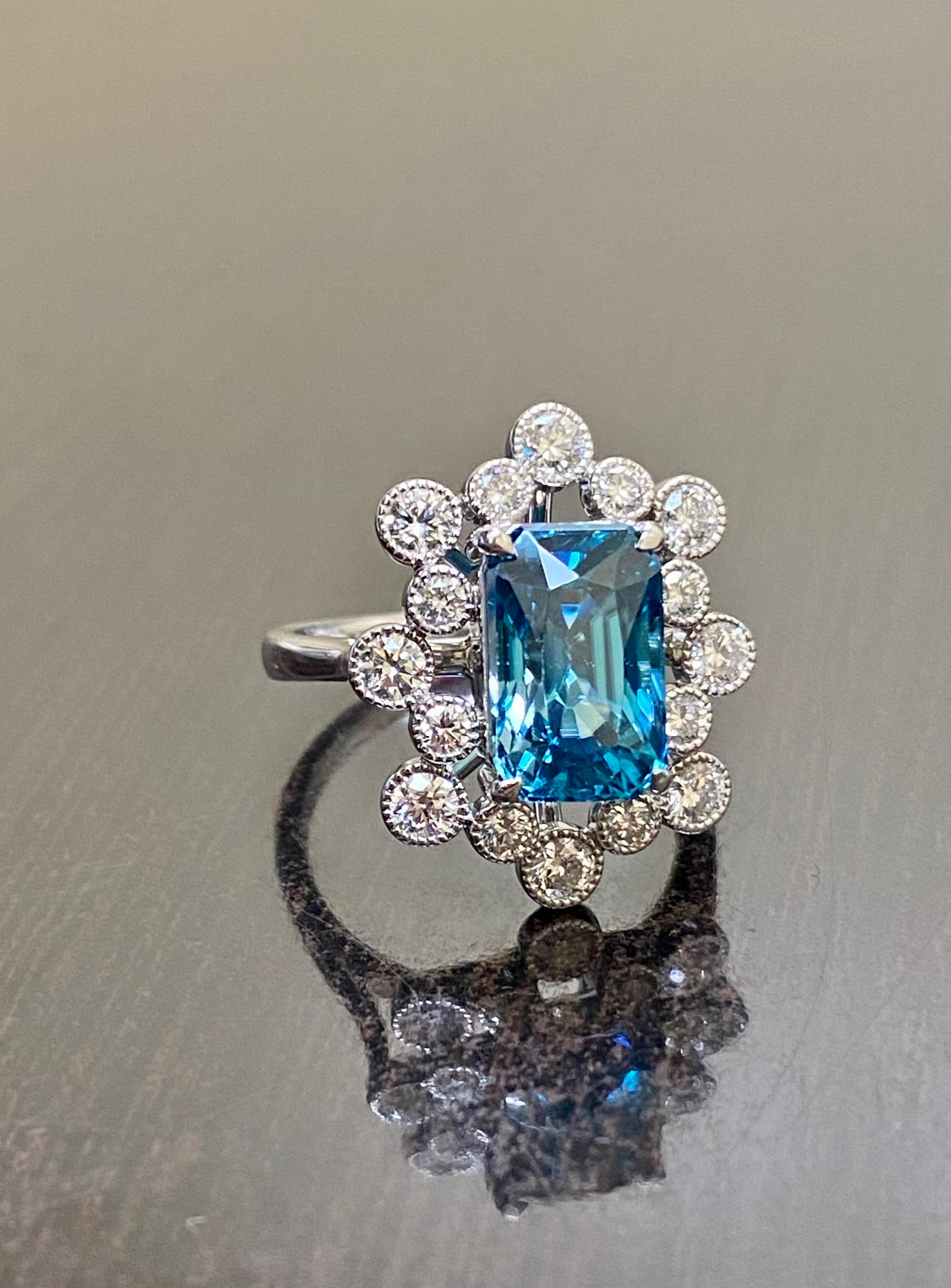 Modern Platinum Diamond Radiant Cut 6.53 Carat Blue Zircon Engagement Ring For Sale 2