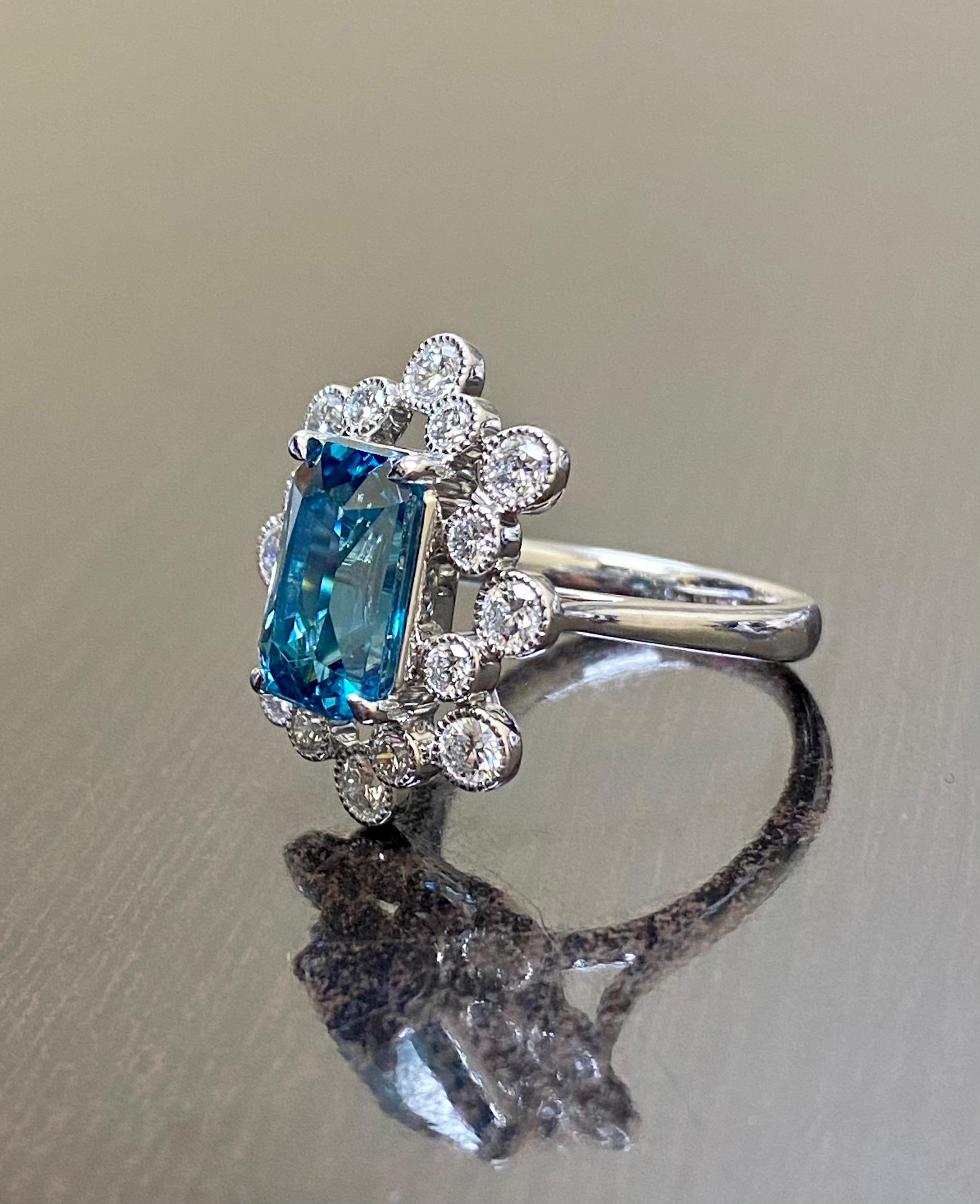 Modern Platinum Diamond Radiant Cut 6.53 Carat Blue Zircon Engagement Ring For Sale 4