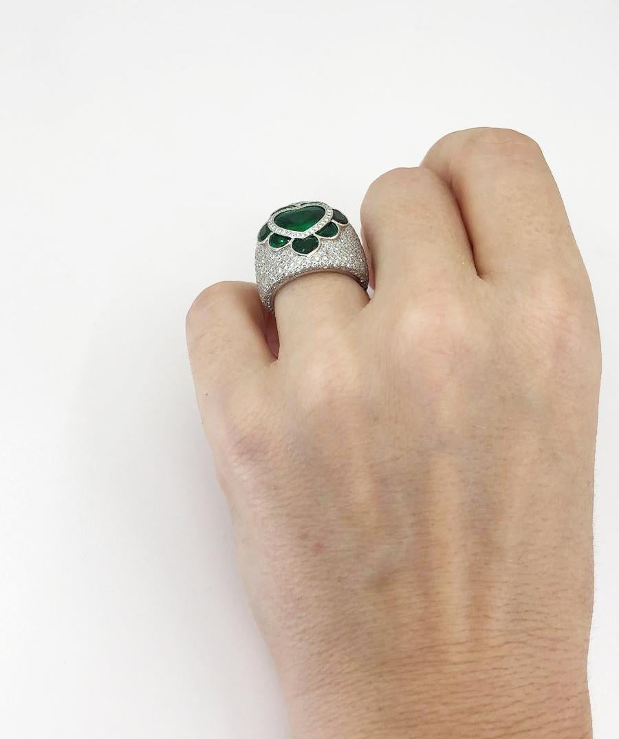 Mixed Cut Contemporary Diamond Emerald Platinum Heart Bombe Ring