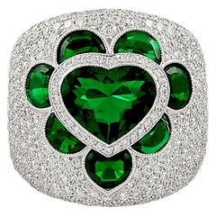 Contemporary Diamond Emerald Platinum Heart Bombe Ring