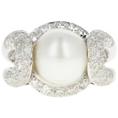 Modern Platinum Pearl and Diamond Ring