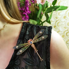 Modern Plique À Jour Enamel, Diamond, Ruby, Sapphire and Gold Dragonfly Brooch