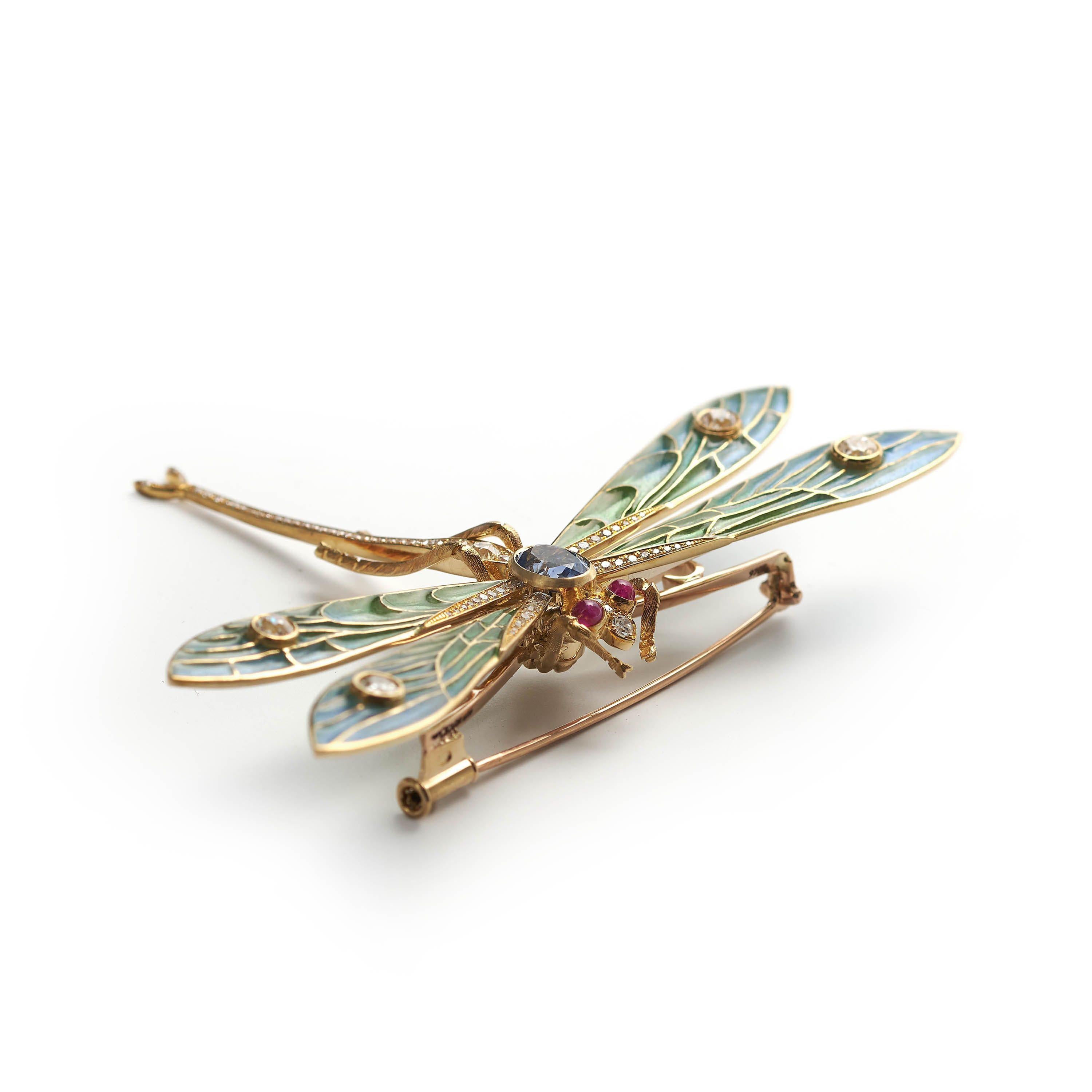 Oval Cut Modern Plique À Jour Enamel, Diamond, Ruby, Sapphire and Gold Dragonfly Brooch For Sale