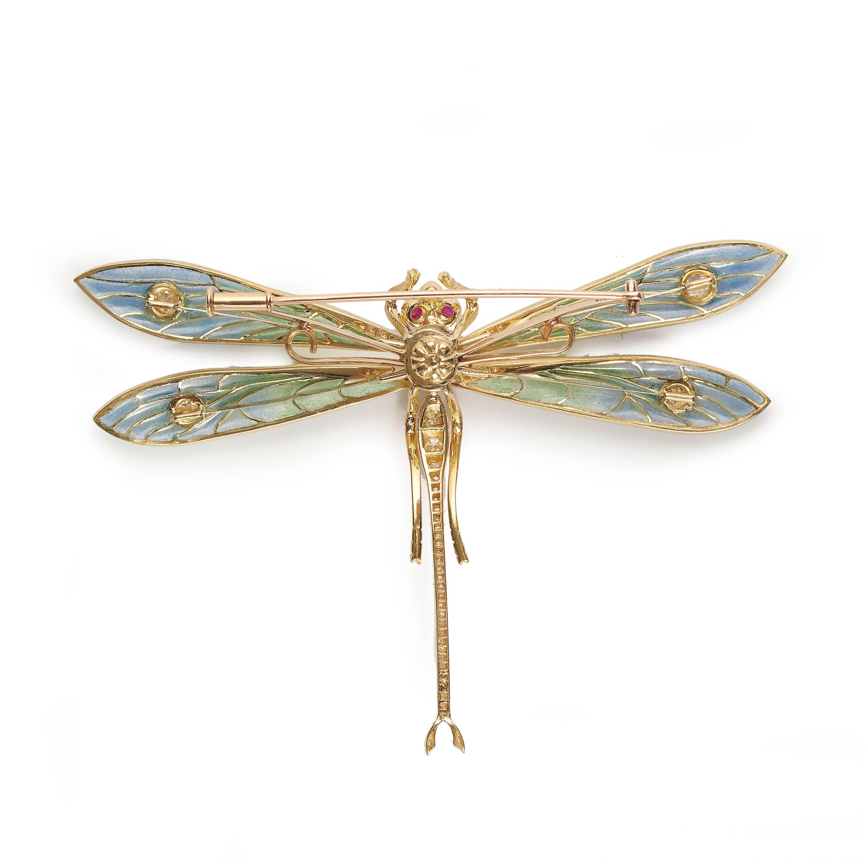 Oval Cut Modern Plique À Jour Enamel, Diamond, Ruby, Sapphire and Gold Dragonfly Brooch For Sale