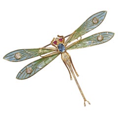 Modern Plique À Jour Enamel, Diamond, Ruby, Sapphire and Gold Dragonfly Brooch