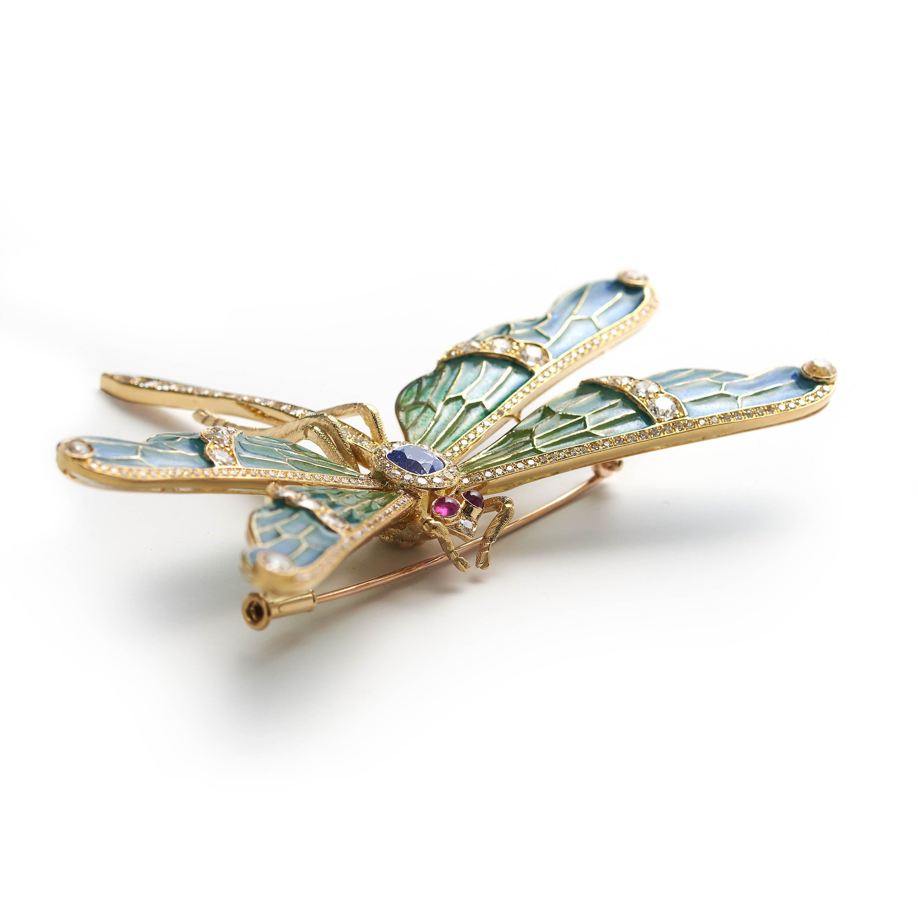Broche moderno Plique À Jour de esmalte, diamante, zafiro, rubí y libélula de oro Moderno en venta