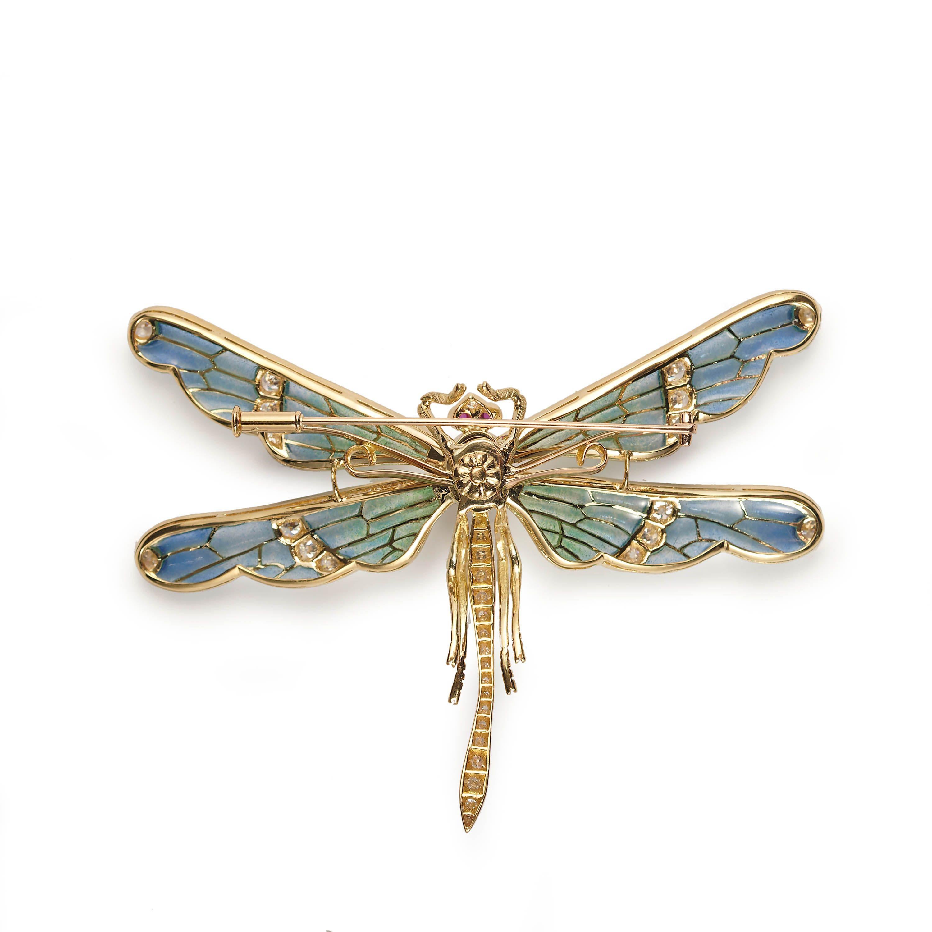 Broche moderno Plique À Jour de esmalte, diamante, zafiro, rubí y libélula de oro Corte cojín en venta