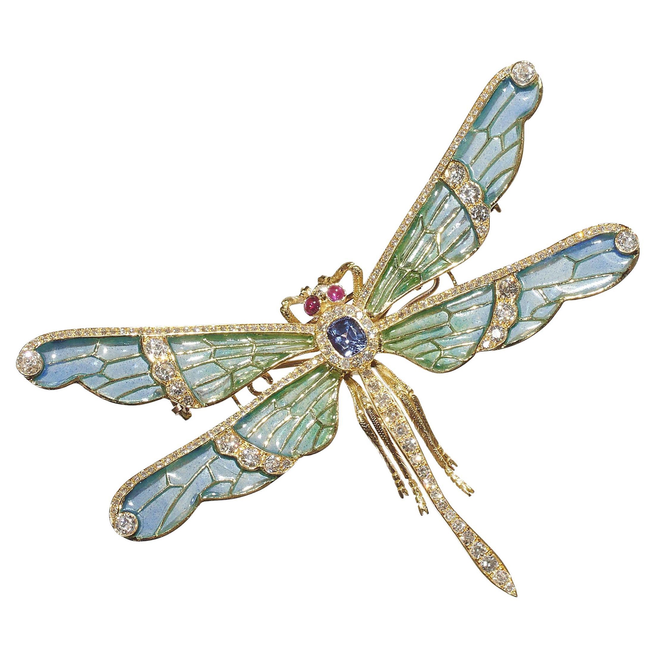 Moderne Plique À Jour Emaille, Diamant, Saphir, Rubin und Gold Libelle Brosche