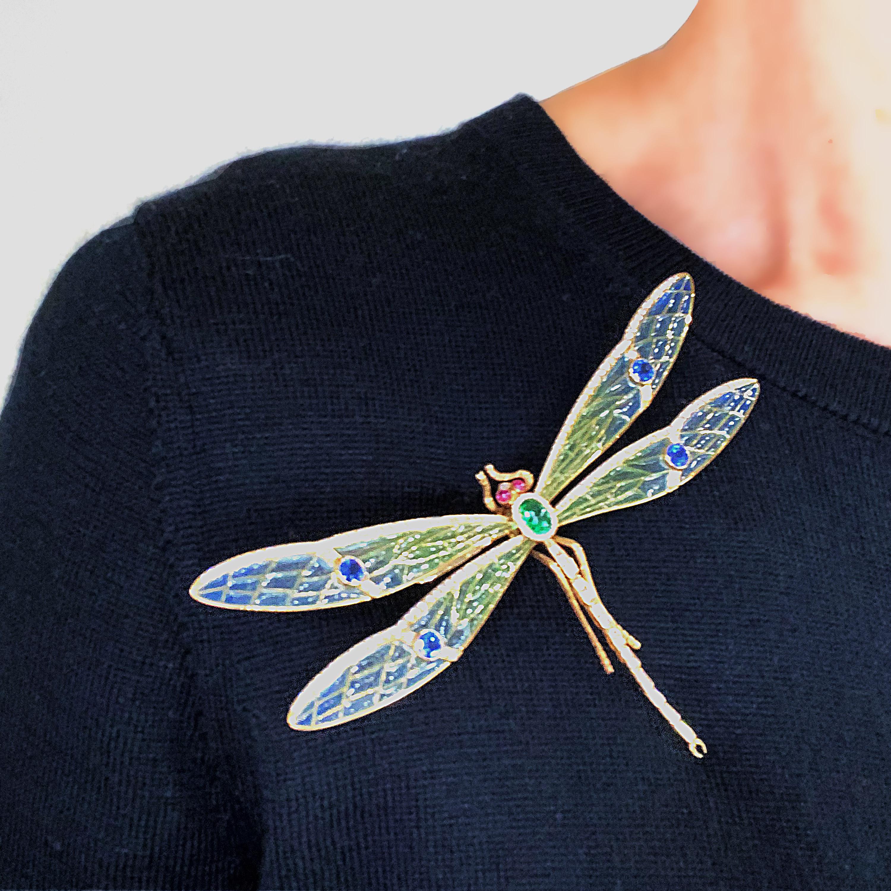 Modern Plique À Jour Enamel, Emerald, Sapphire, Diamond, Ruby Dragonfly Brooch In New Condition For Sale In London, GB
