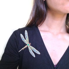 Modern Plique À Jour Enamel, Emerald, Sapphire, Diamond, Ruby Dragonfly Brooch