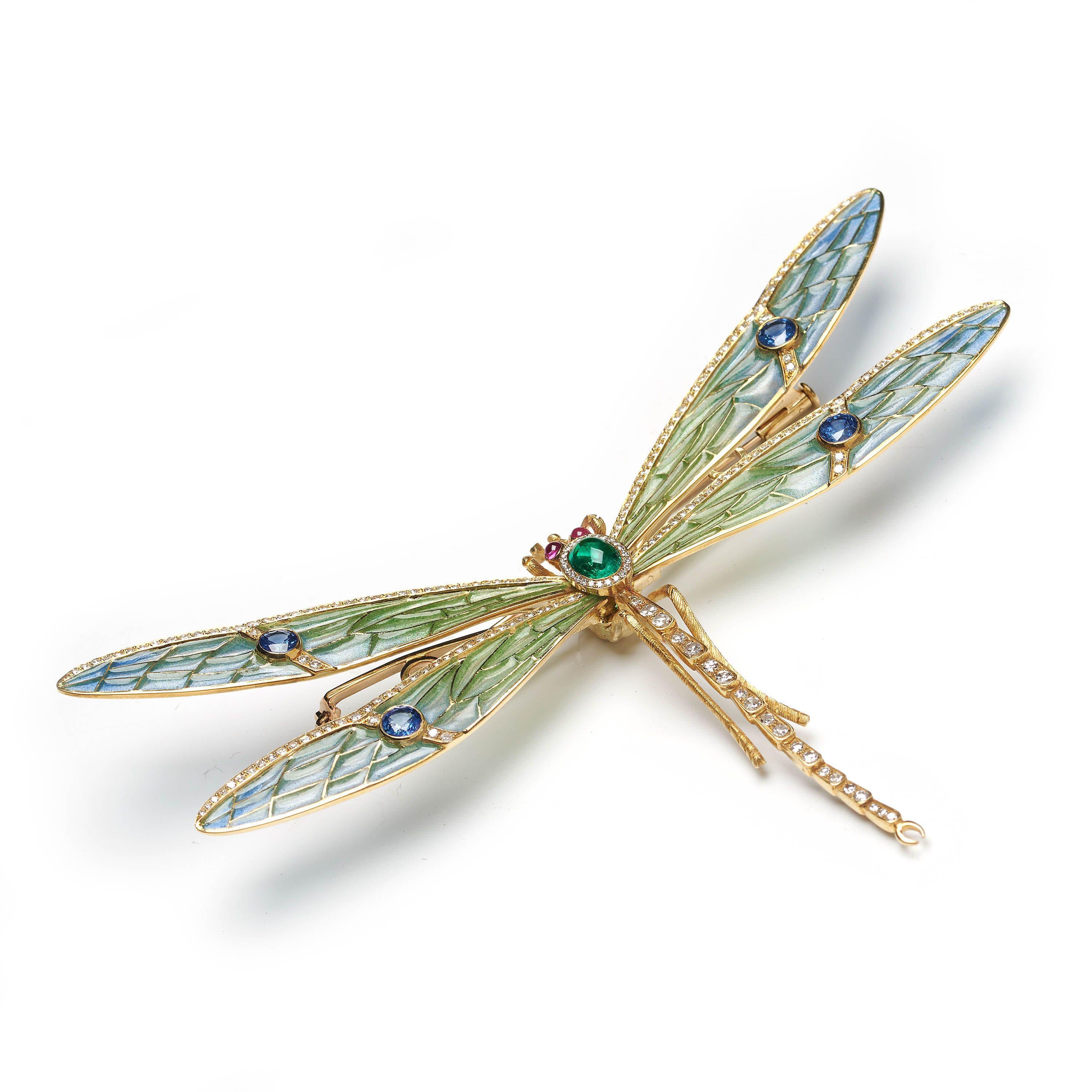 Oval Cut Modern Plique À Jour Enamel, Emerald, Sapphire, Diamond, Ruby Dragonfly Brooch For Sale