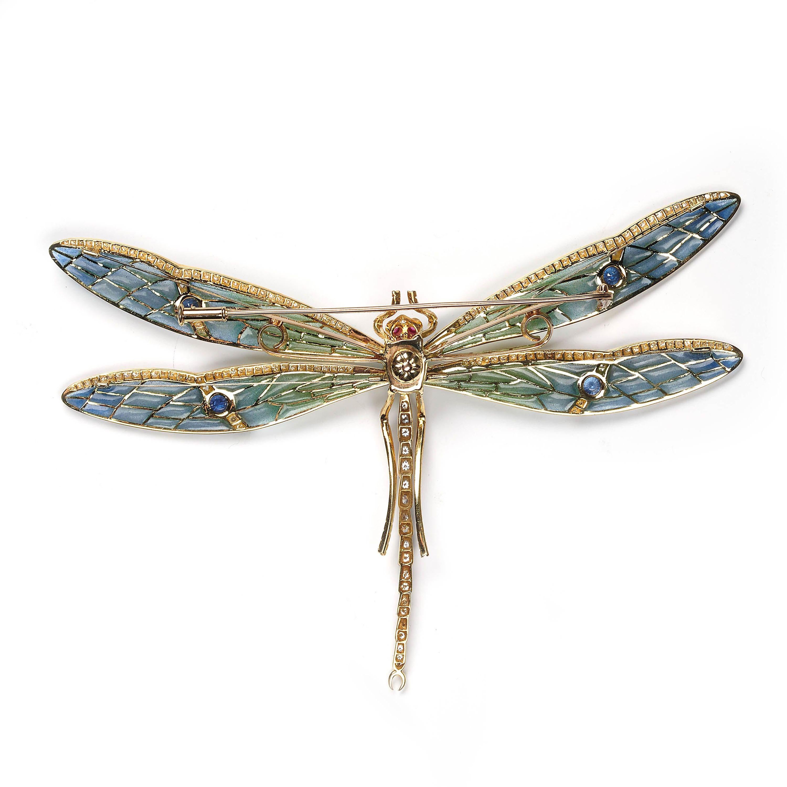 Modern Plique À Jour Enamel, Emerald, Sapphire, Diamond, Ruby Dragonfly Brooch For Sale 1