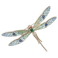Modern Plique À Jour Enamel, Emerald, Sapphire, Diamond, Ruby Dragonfly Brooch