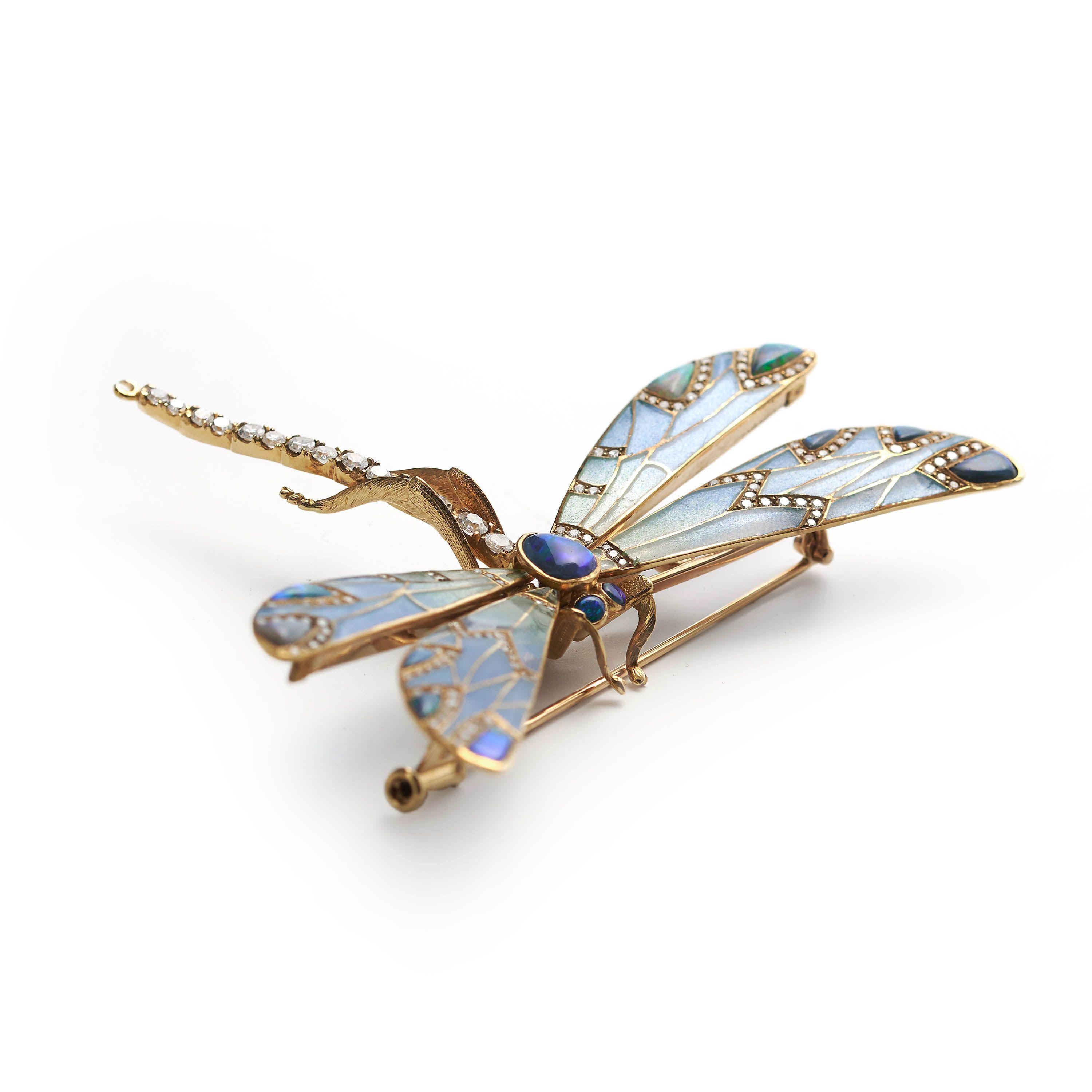 Round Cut Modern Plique À Jour Enamel, Opal, Diamond And Gold Dragonfly Brooch For Sale