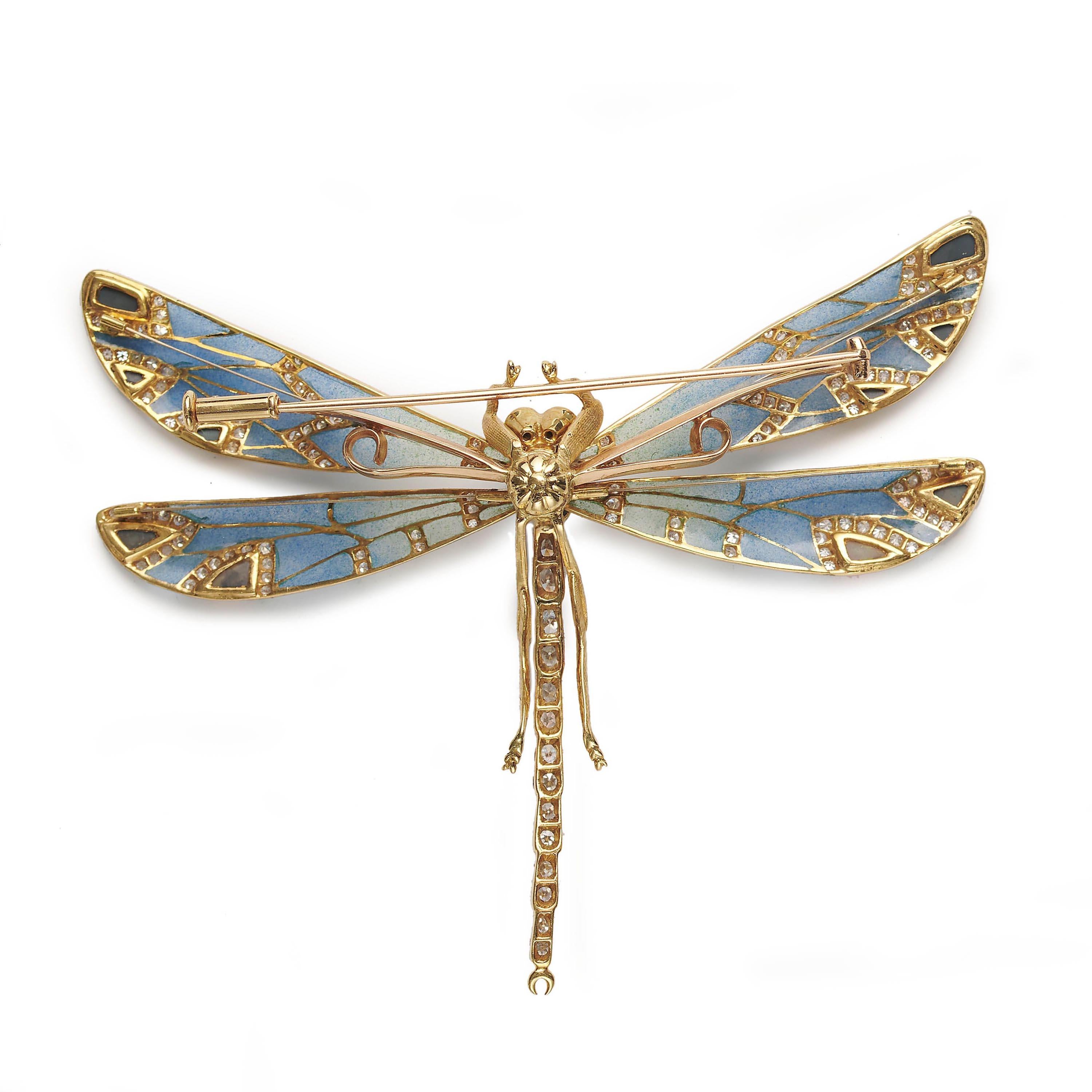 Round Cut Modern Plique À Jour Enamel, Opal, Diamond And Gold Dragonfly Brooch For Sale