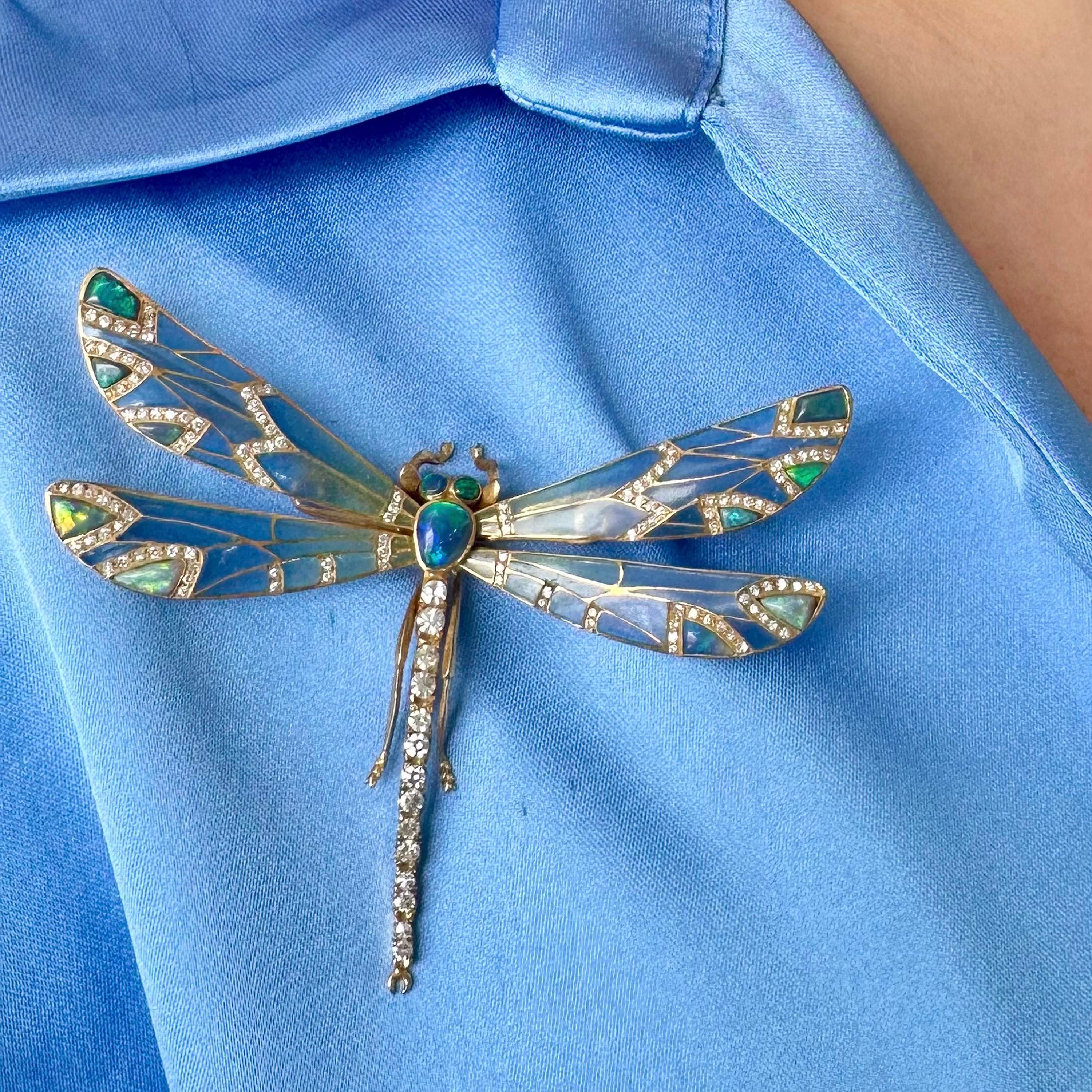 Modern Plique À Jour Enamel, Opal, Diamond And Gold Dragonfly Brooch In New Condition For Sale In London, GB