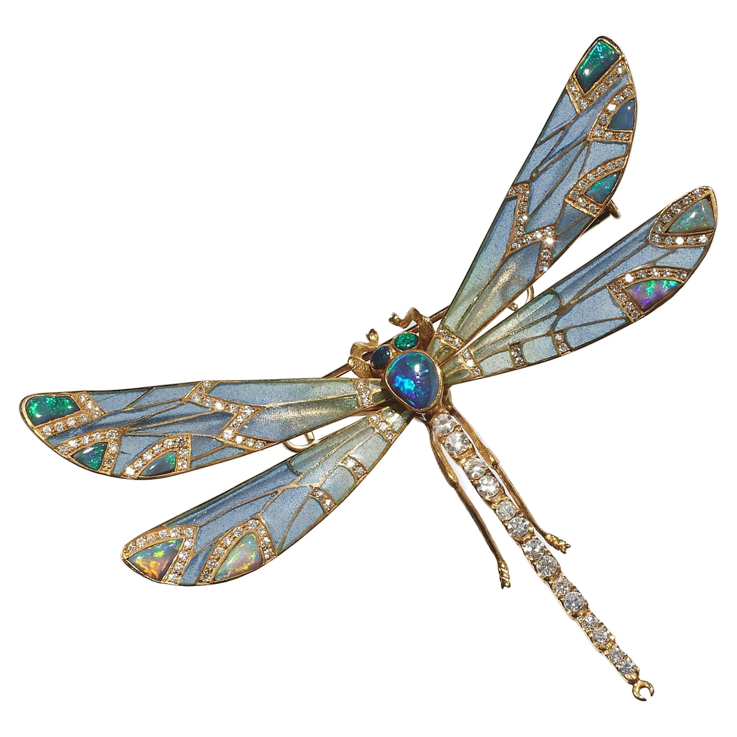 Modern Plique À Jour Enamel, Opal, Diamond And Gold Dragonfly Brooch